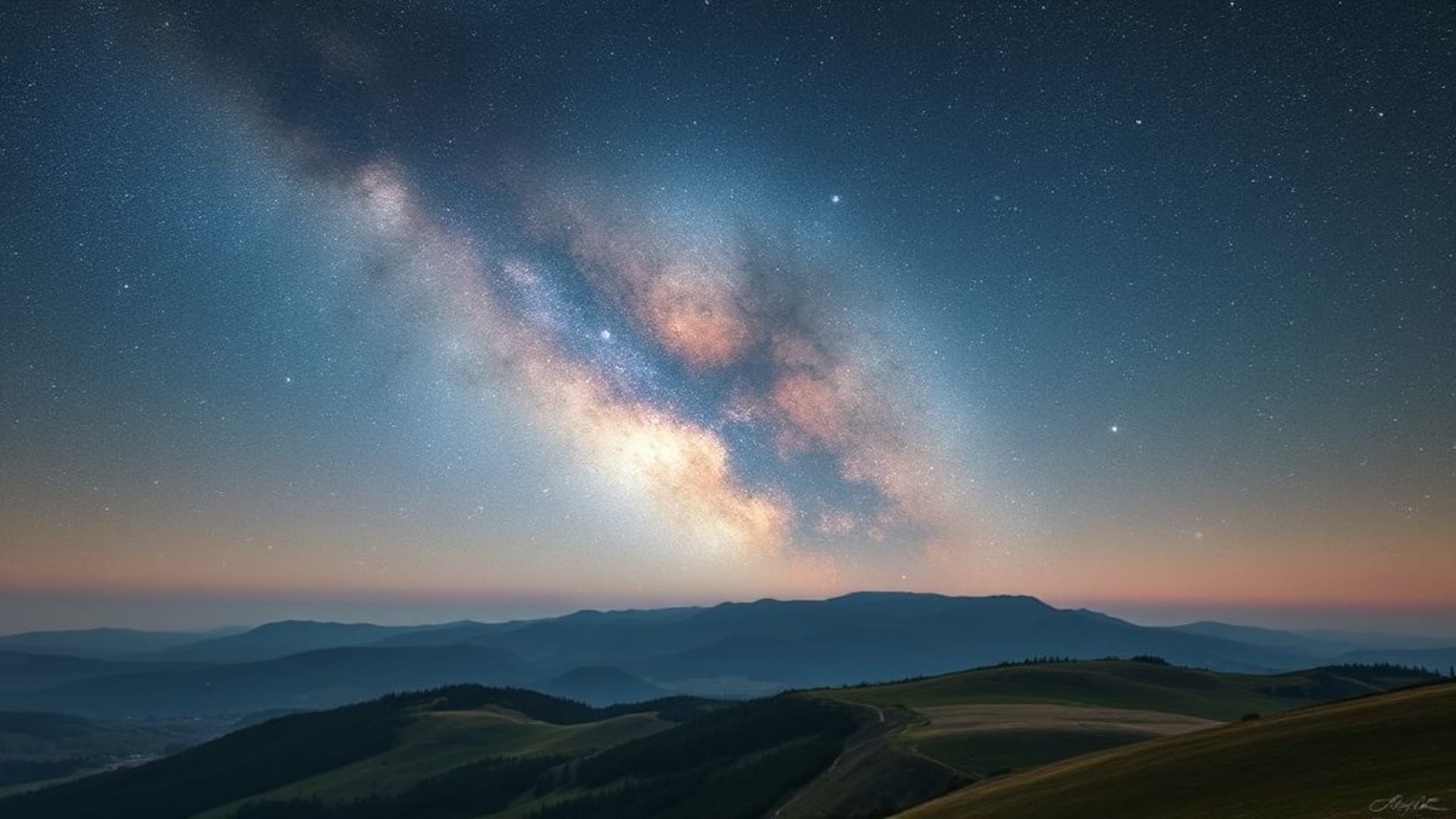 ciel étoilé avec voie lactée visible dans une vallée isolée