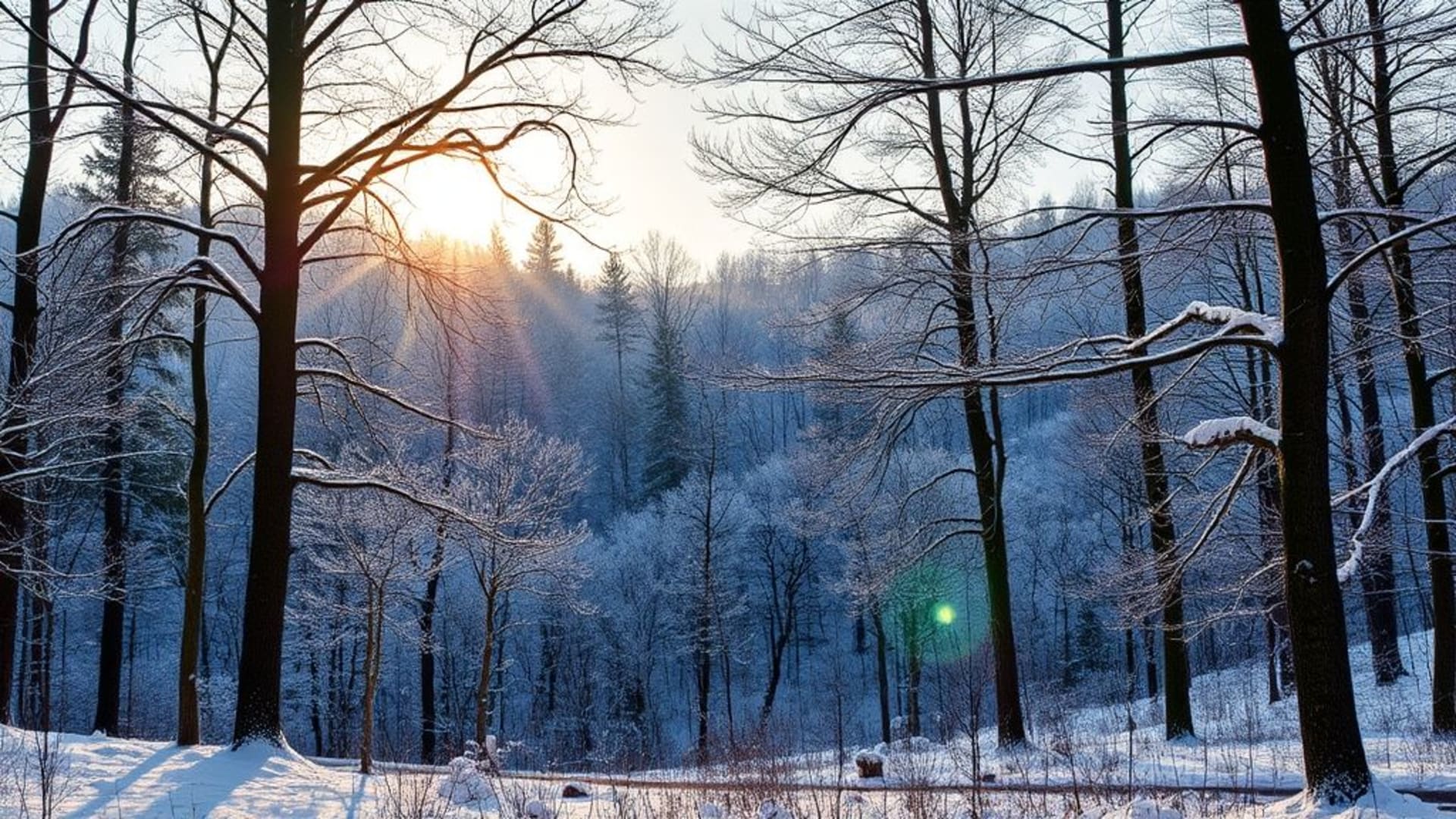 paysage de forêt enneigée au lever du soleil lumineux