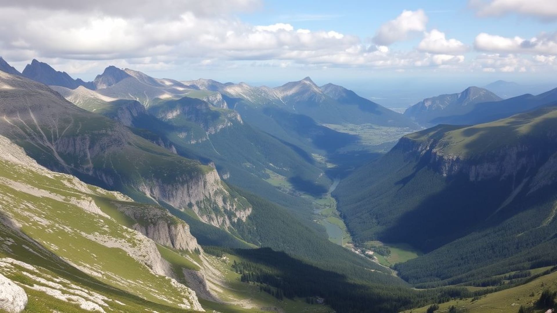massif montagneux panoramique avec nuages bas et vallée verdoyante