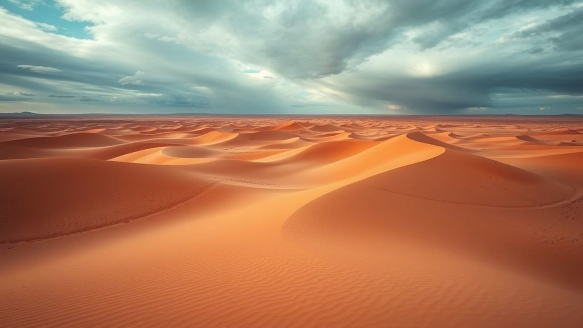 horizon désertique avec dunes sculptées par le vent et ciel tumultueux