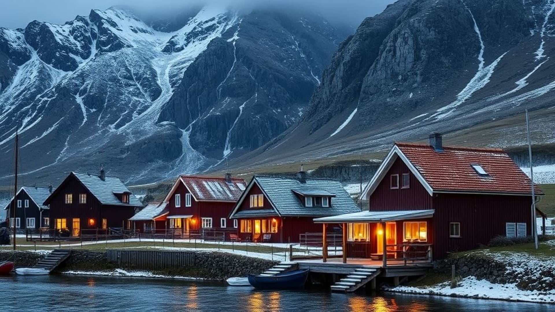 village scandinave traditionnel au bord d’un fjord glacé