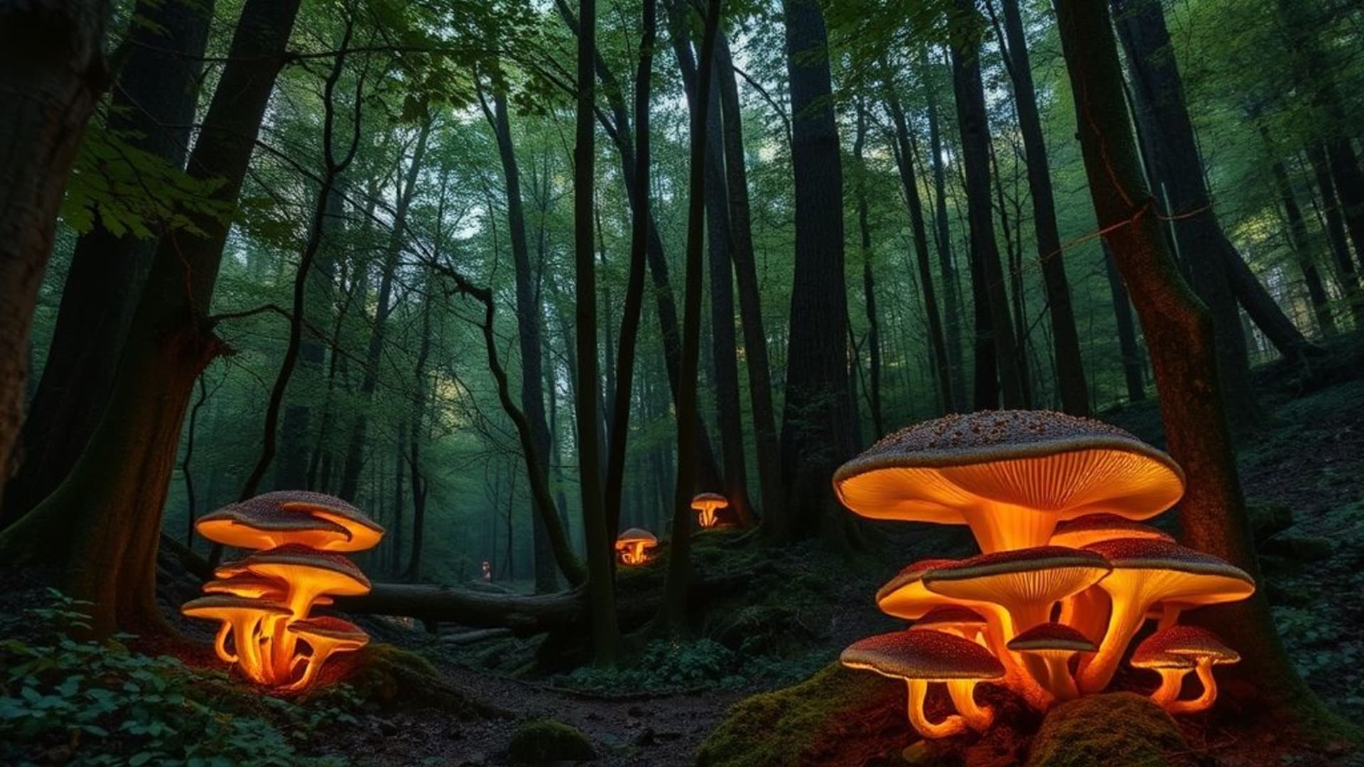 Forêts magiques avec fungi luminescents et créatures féériques