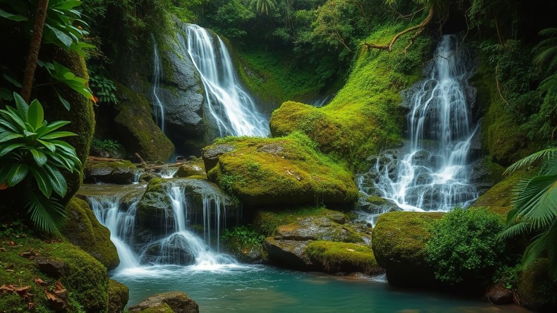 cascades tropicales entourées de végétation dense et rocheuse