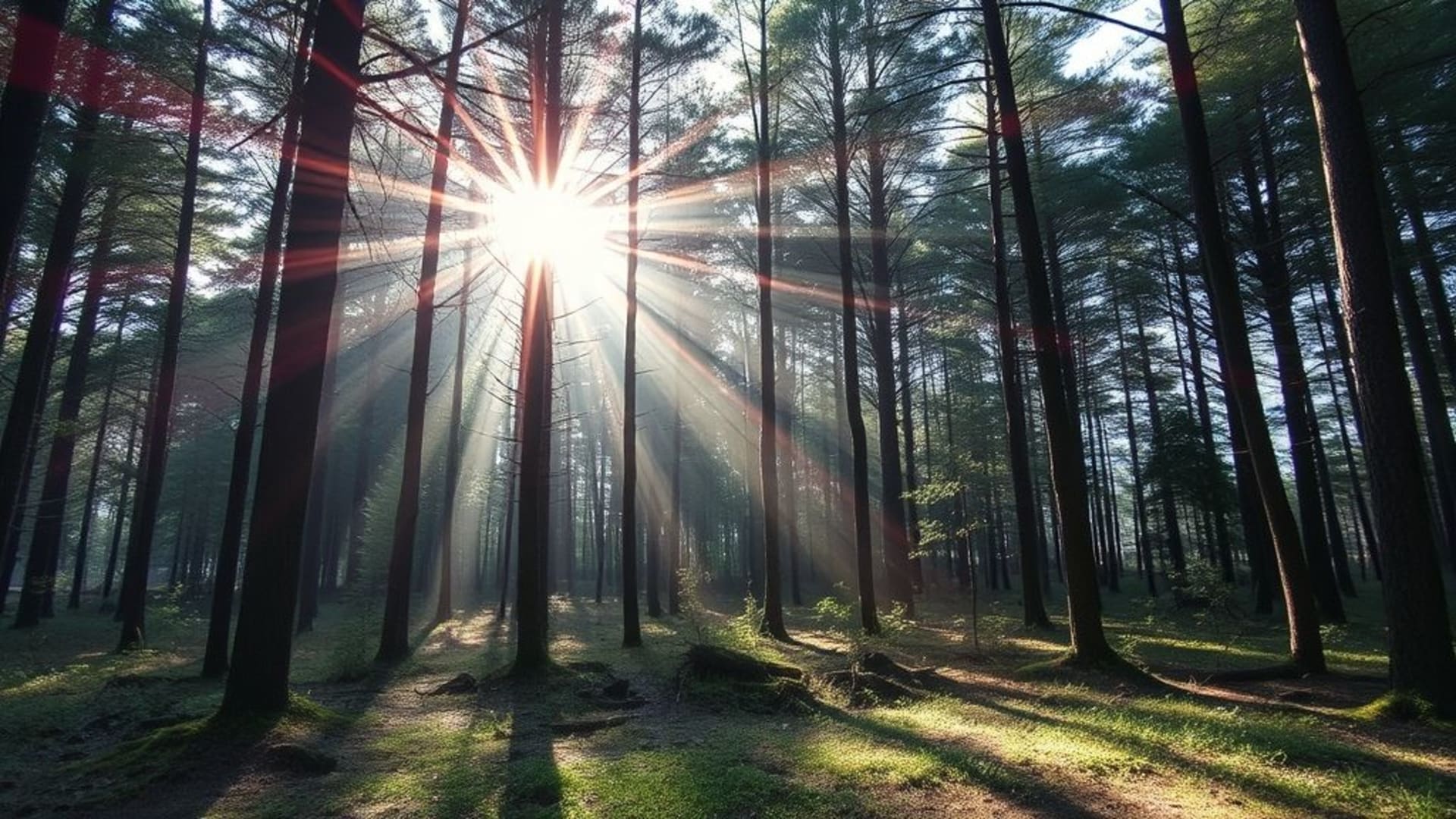 clairière au cœur d’une forêt mystérieuse avec rayons de soleil