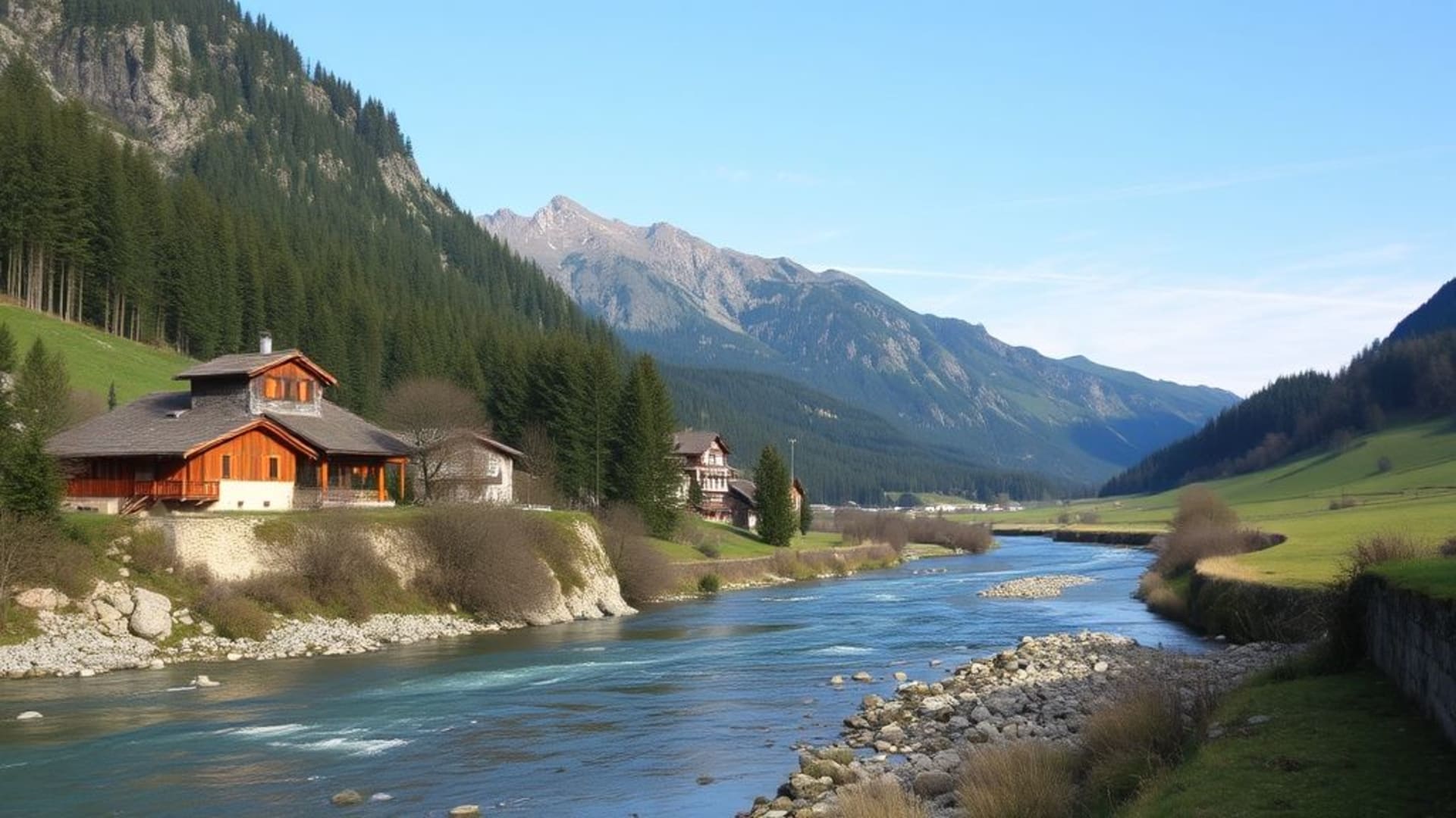 rivière paisible dans une vallée alpine avec maisons traditionnelles
