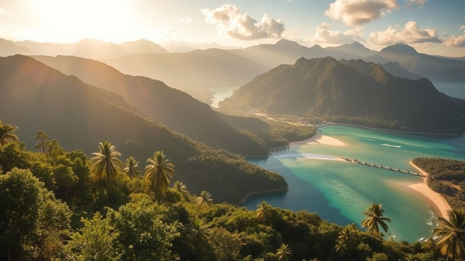 Montagnes enneigées au lever du soleil, forêts luxuriantes sous un ciel étoilé, plages tropicales aux eaux turquoise et sable blanc