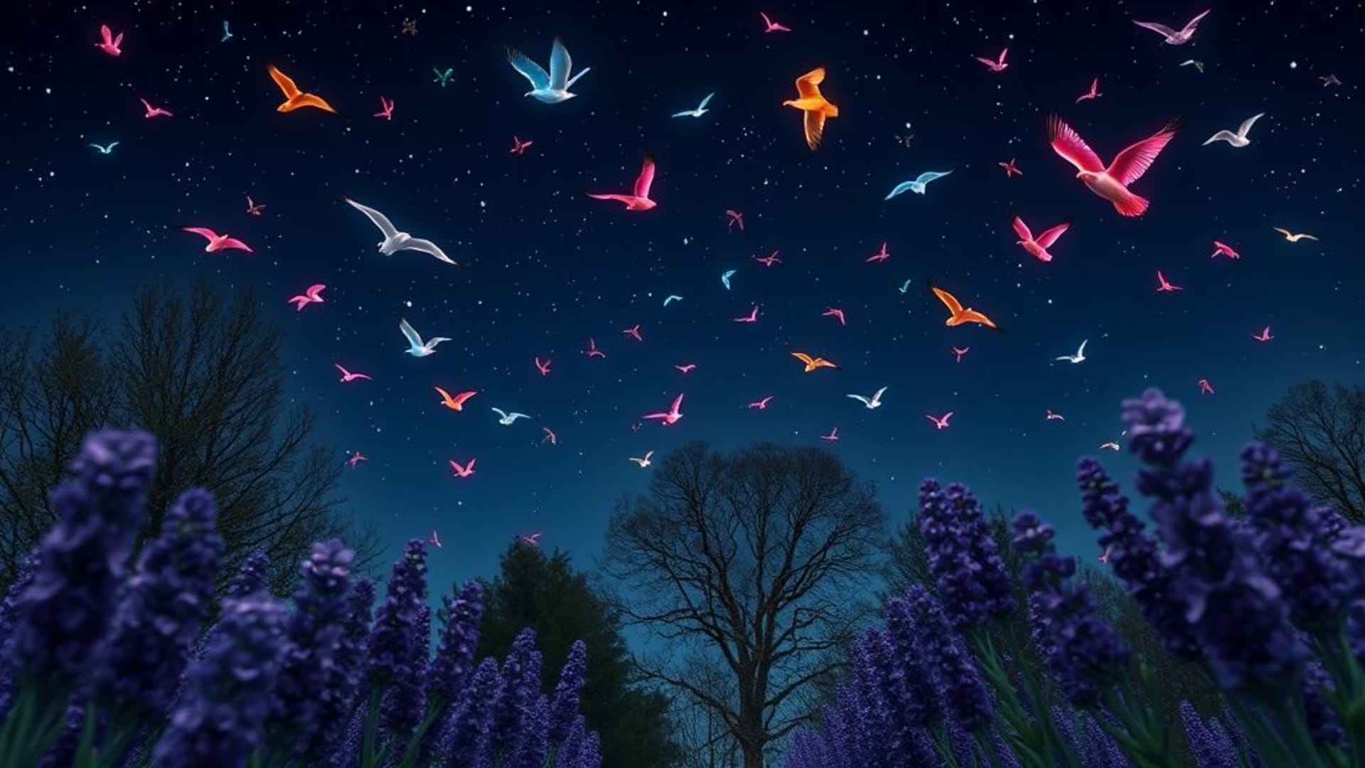 ciel urbain nocturne avec néons colorés, champs de lavande en fleurs au printemps