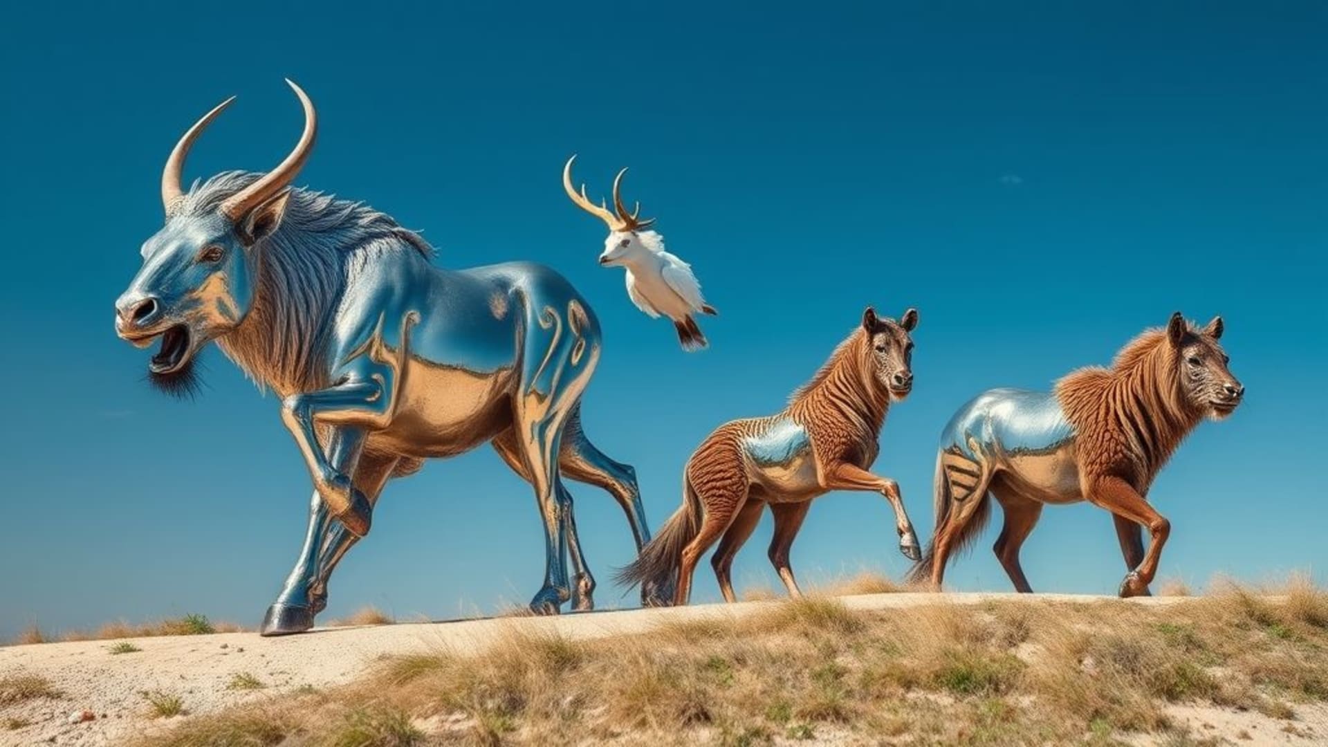 animaux sauvages en liberté, sculptures abstraites en acier inoxydable modernes, paysages désertiques aux mirages spectaculaires