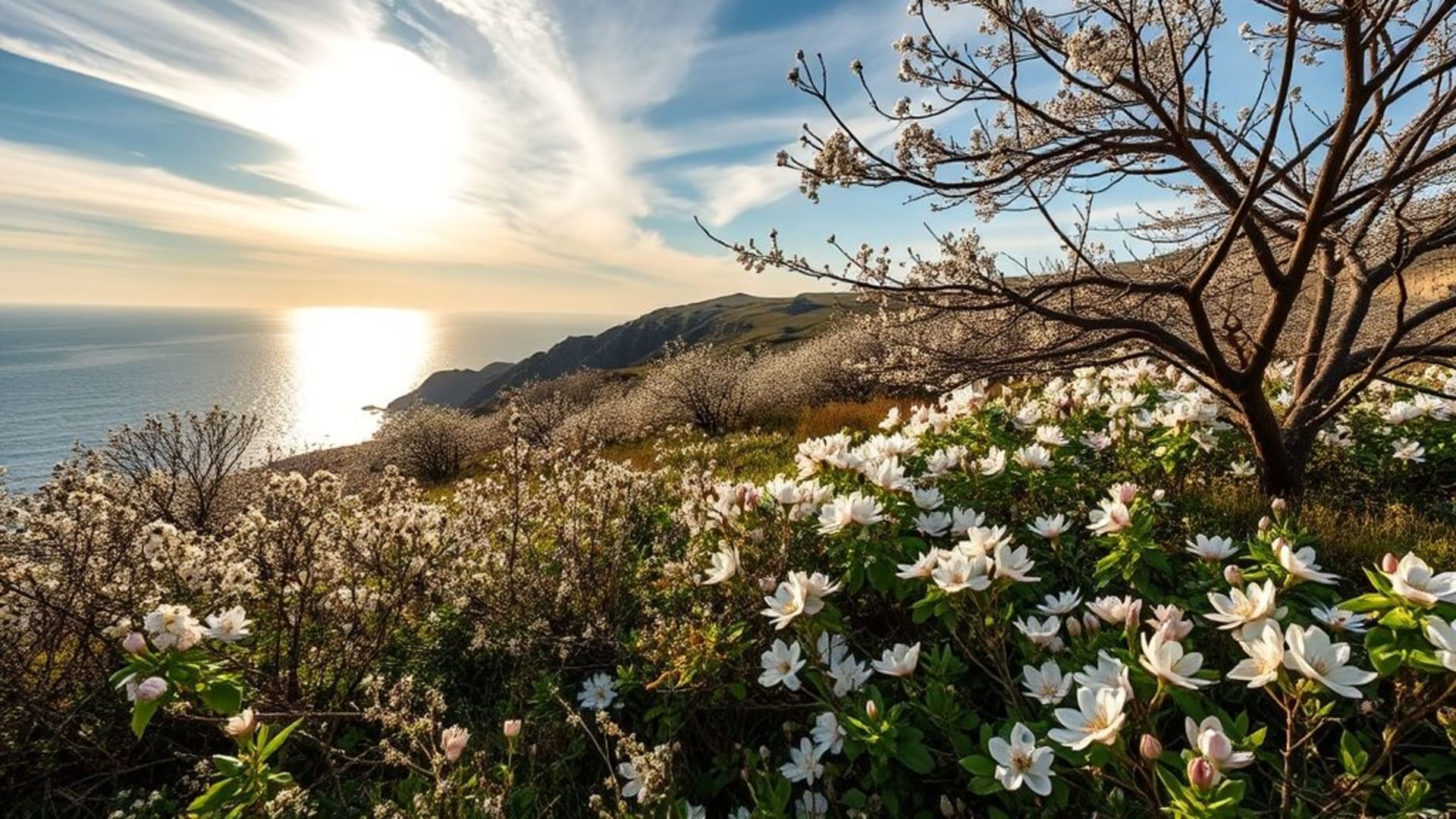 aurores boréales dans le ciel arctique, vagues déferlantes sur la côte rocheuse, fleurs de cerisier en pleine floraison au printemps