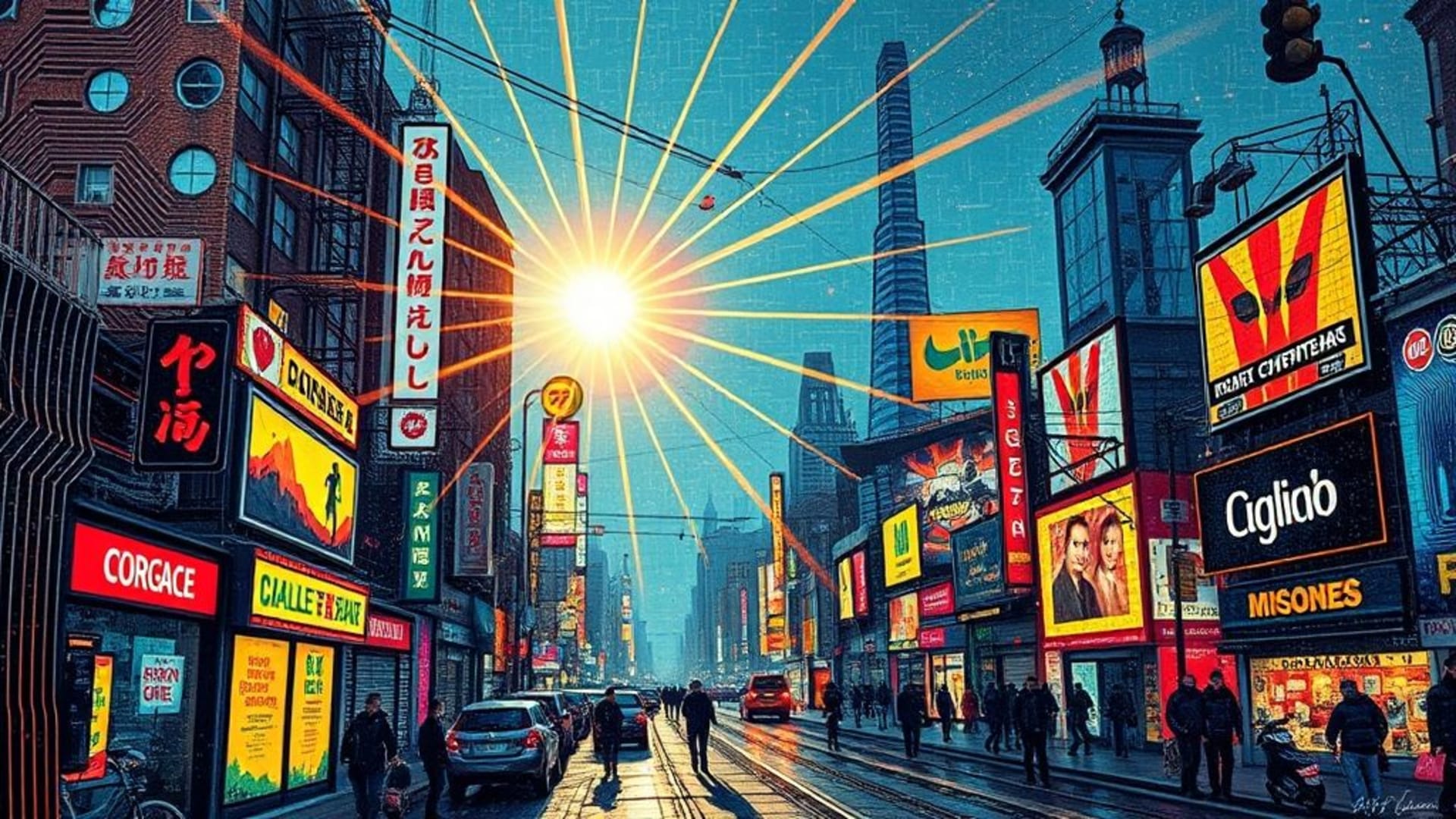 circuits imprimés et codes numériques style futuriste, reflets de pyramides au coucher du soleil, mosaïque colorée de street art urbain