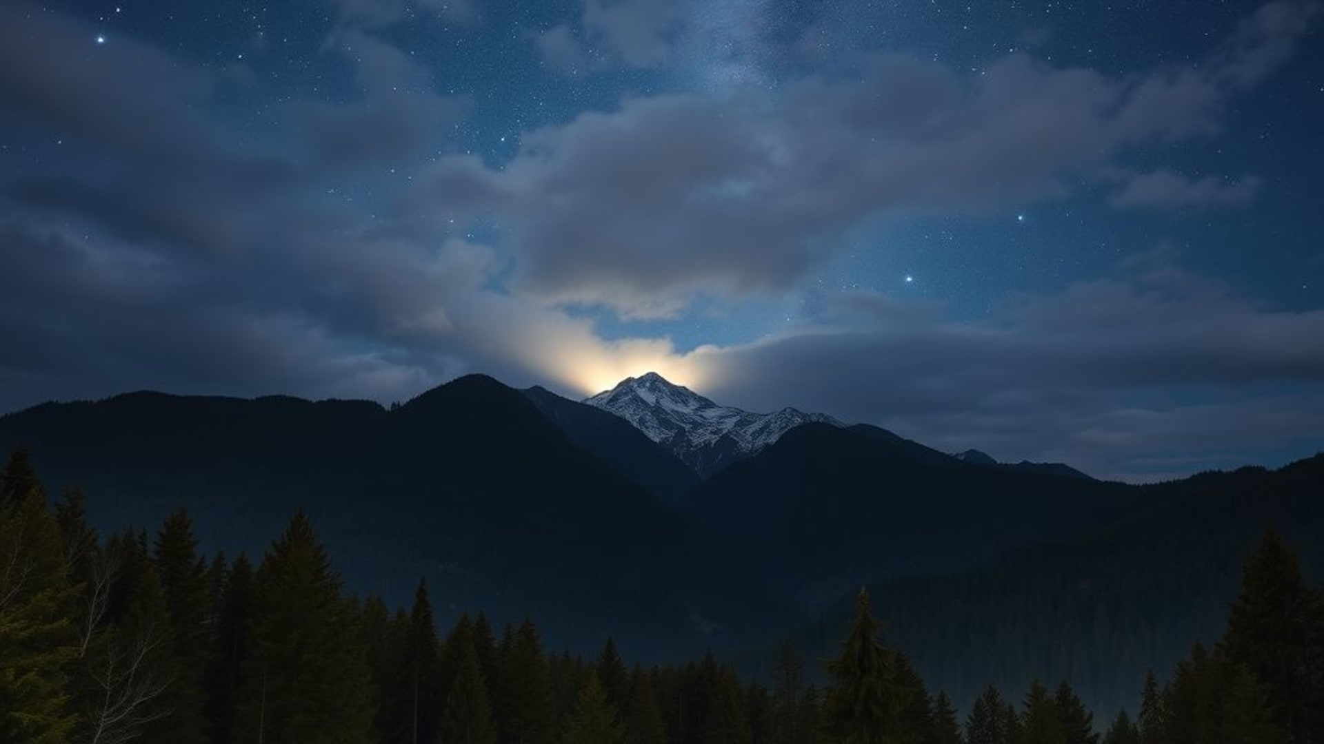 ciel d’orage avec éclairs lumineux, forêt de bambous en mouvement sous le vent, paysages de montagnes enneigées vues du sommet
