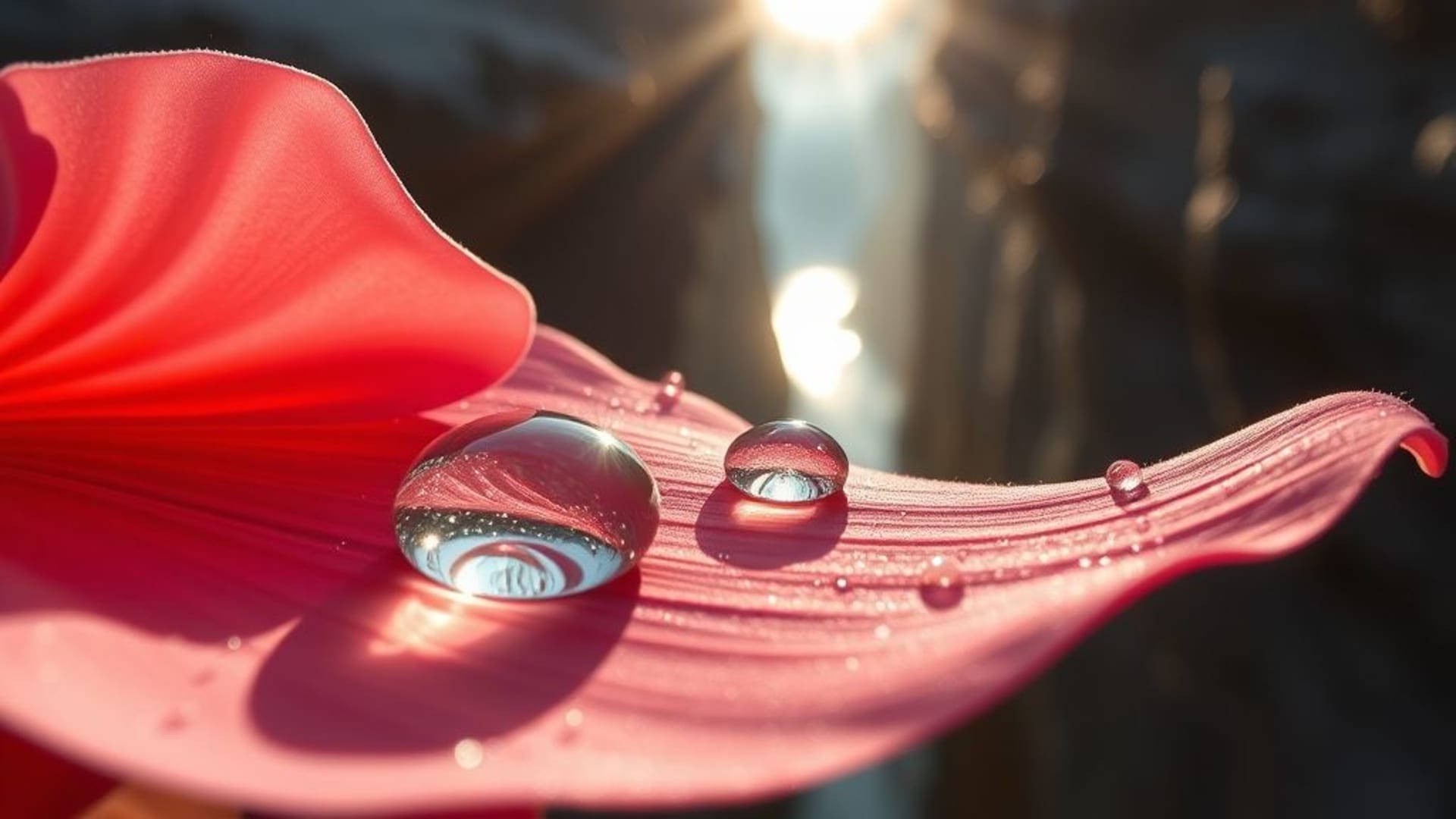 photo macro de gouttes d’eau sur une feuille, coucher de soleil sur un lac silencieux, pont suspendu au-dessus de canyon profond
