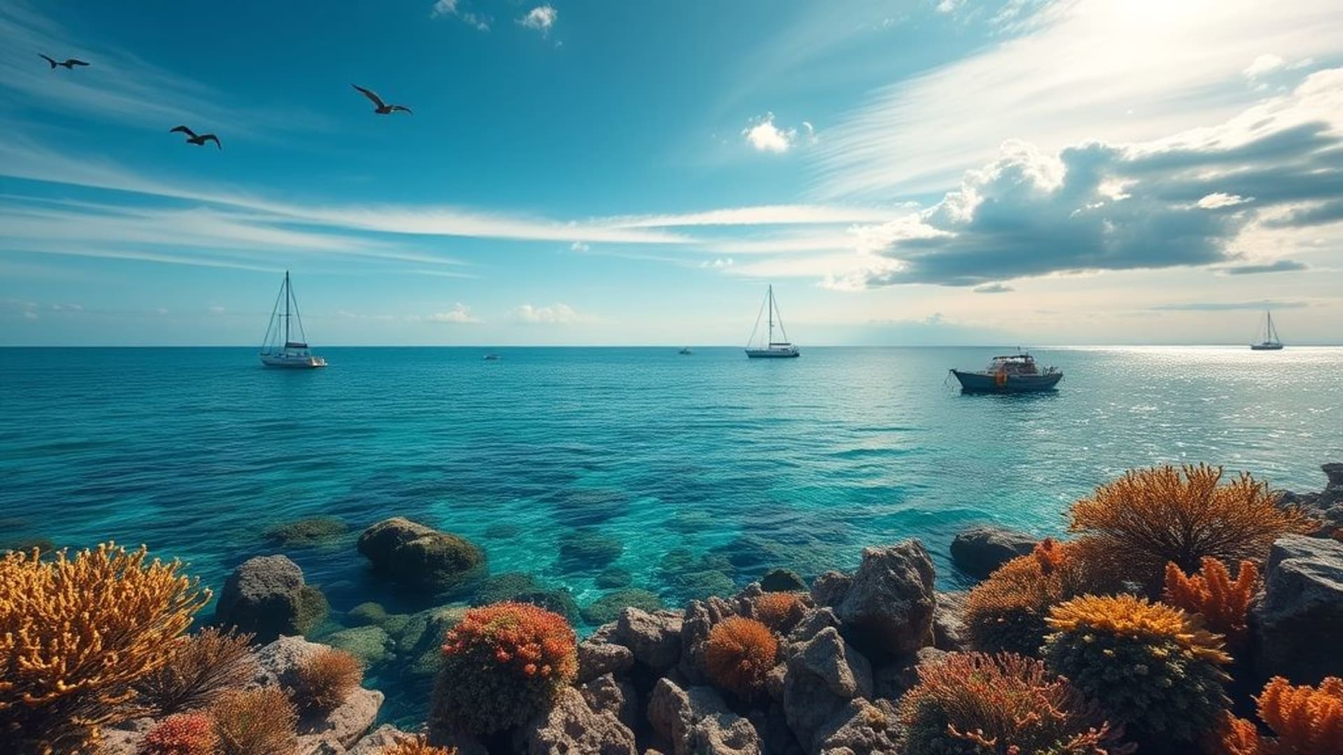 horizon urbain avec gratte-ciel innovants, animaux marins dans un récif corallien vibrant, champs de blé dorés sous un ciel orageux