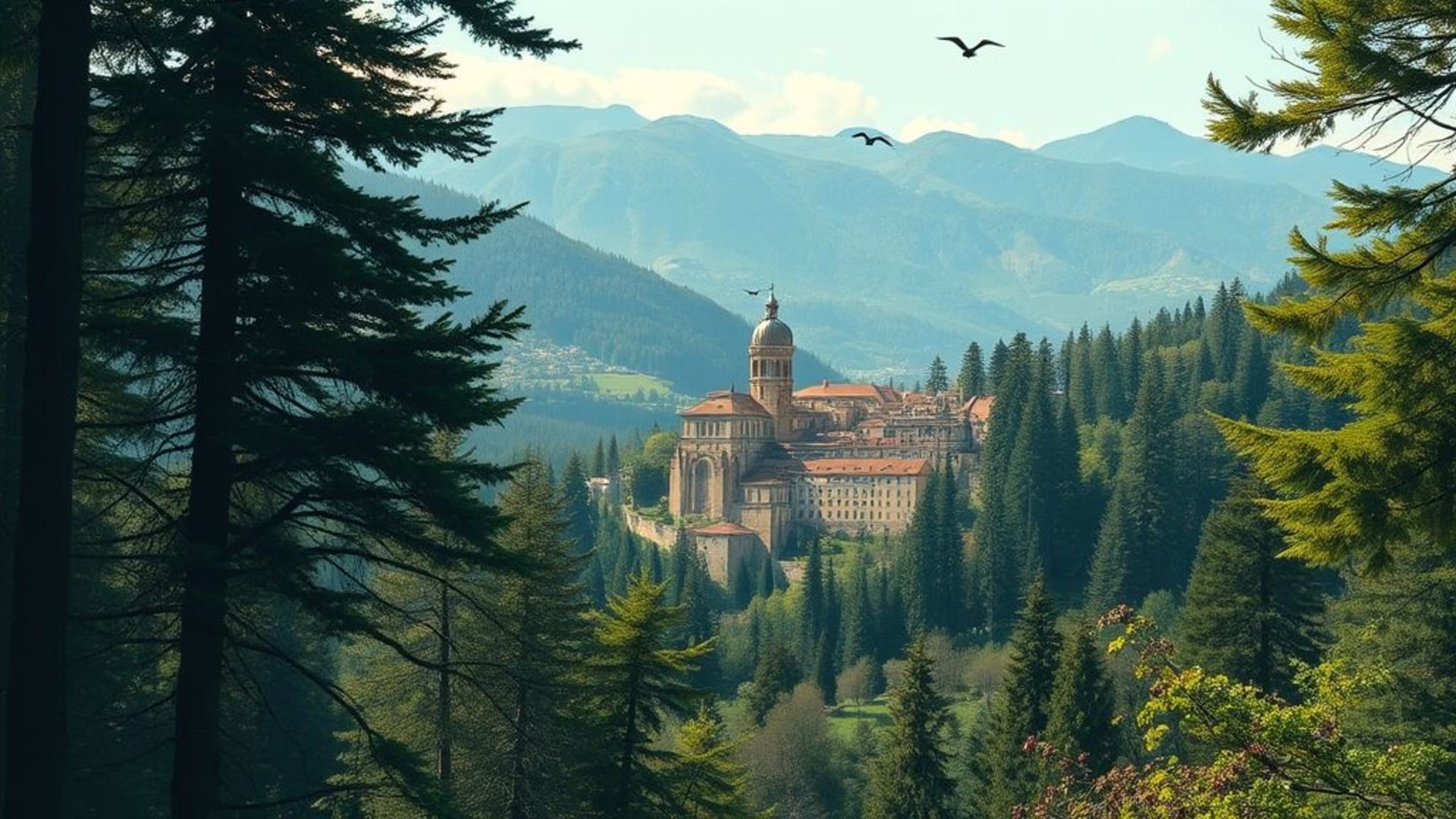 motifs géométriques futuristes en métal et verre, forêt enchantée avec des créatures mythiques, vue aérienne d’une ville ancienne perchée sur une colline