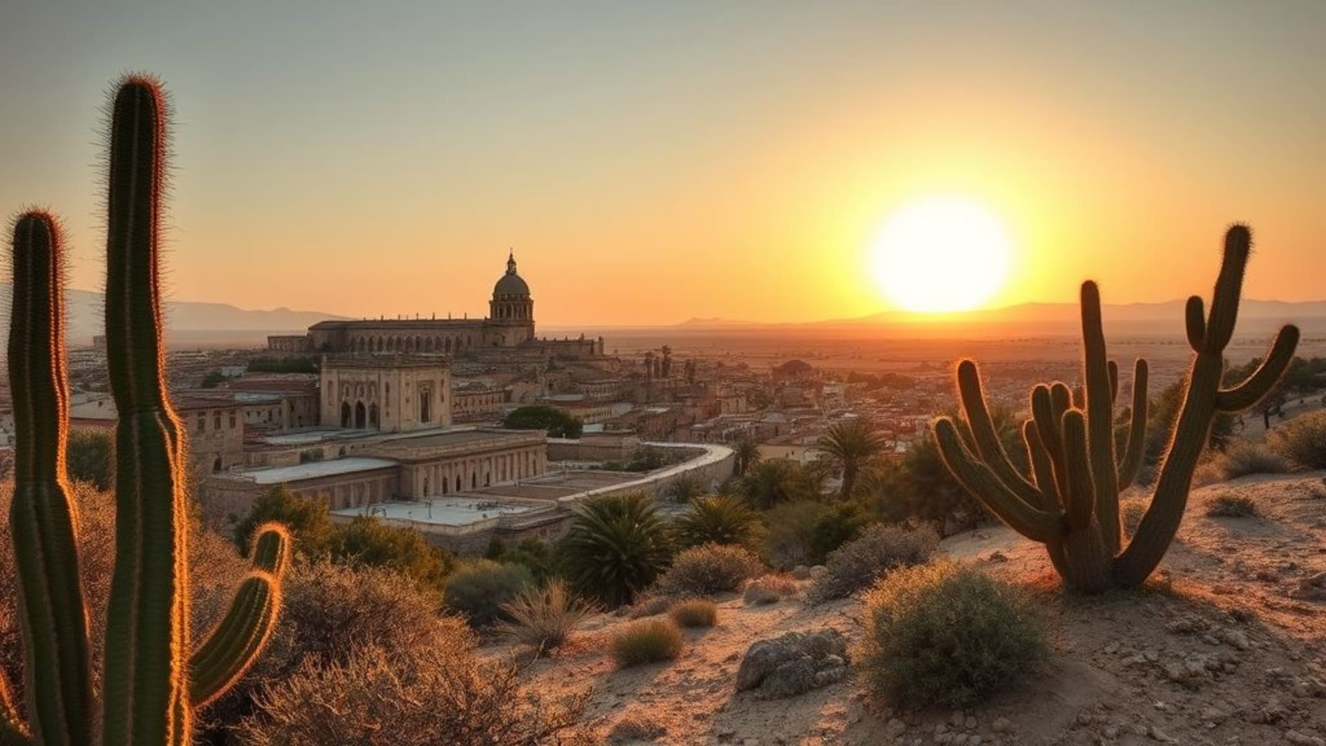 coucher de soleil sur une ville historique, cactus et dunes dans un désert aride, feuillage automnal aux couleurs chaudes