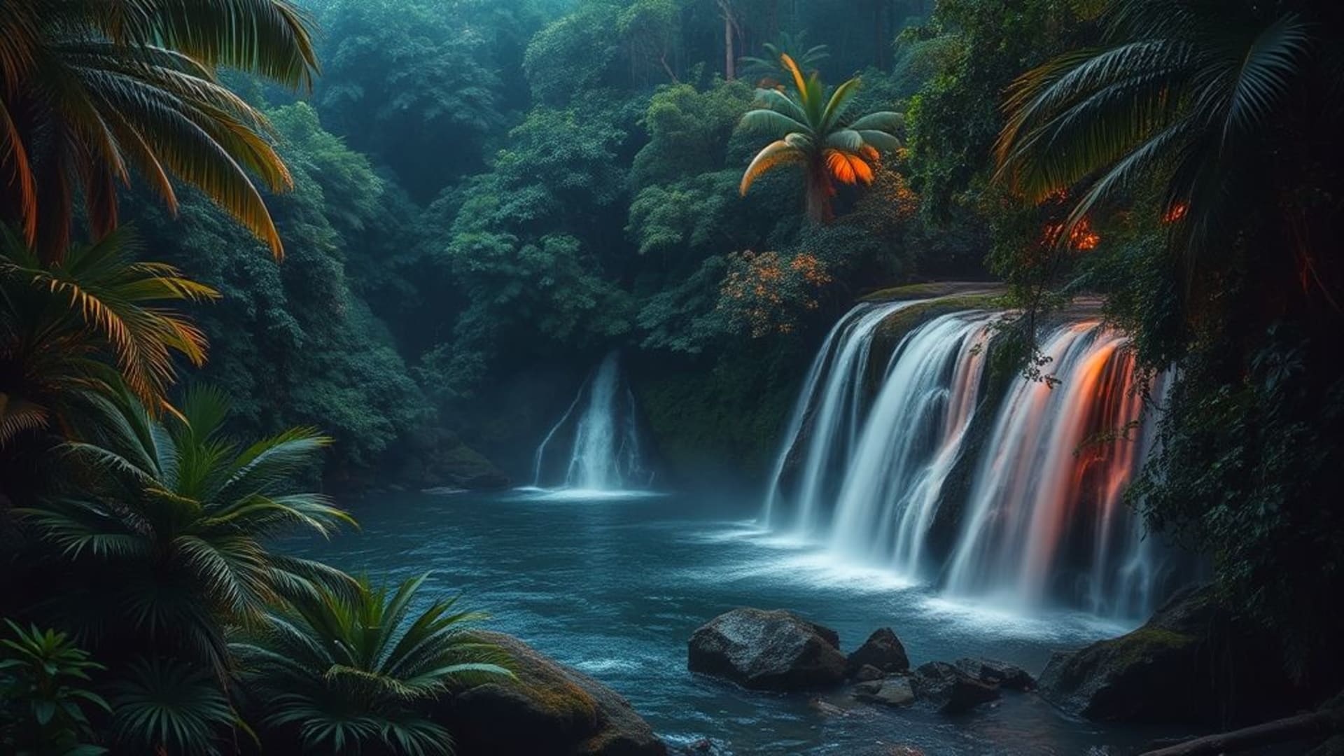 ombres et lumières dans une vieille ruelle pavée, vagues sur une falaise venteuse, cascades dans une jungle tropicale dense