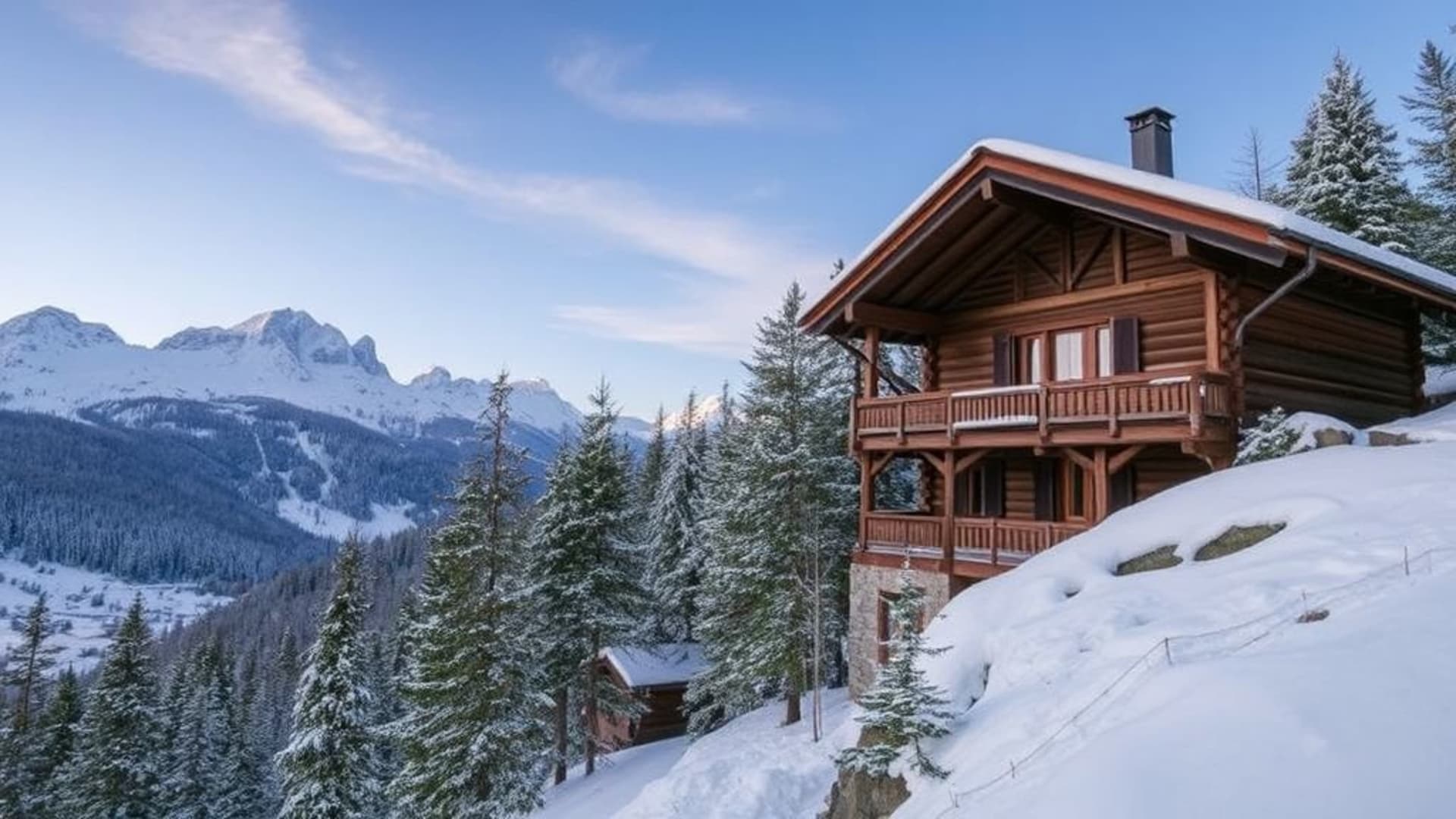 Montagnes enneigées et cabanes en bois traditionnelles