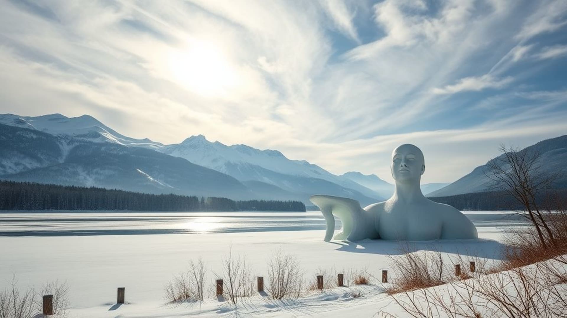 ciel étoilé au-dessus d’un lac de montagne, sculptures de glace en hiver sous la lune, ruines antiques envahies par la végétation.