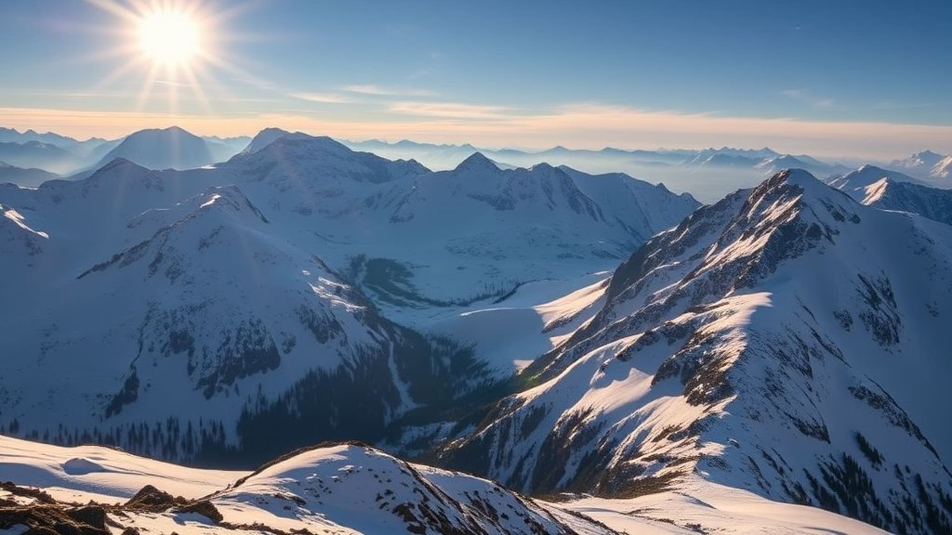montagnes enneigées au lever du soleil