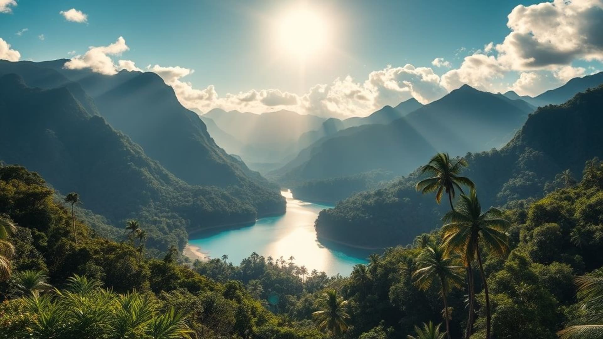 montagnes enneigées au lever du soleil, forêts tropicales luxuriantes avec animaux sauvages, plages de sable blanc et eaux turquoise cristallines