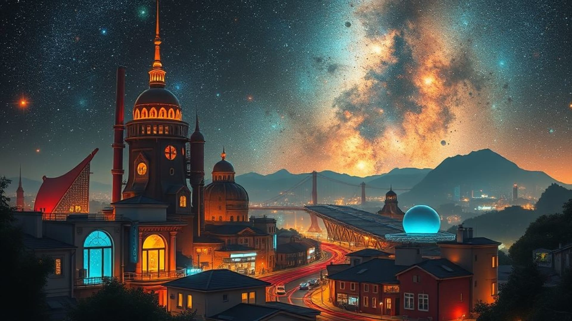 villes futuristes avec néons et architecture innovante, univers galaxies lointaines avec étoiles et nébuleuses colorées