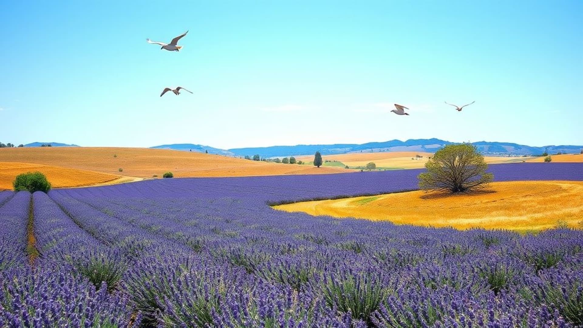 paysages de champs de lavande en Provence sous ciel bleu clair, céréales dorées au coucher du soleil, oiseaux en vol au fil de l'eau