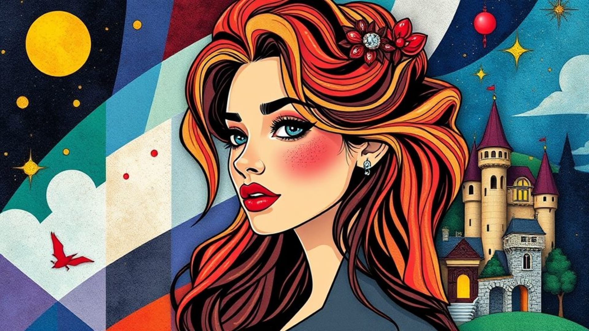 arts abstraits avec formes géométriques et couleurs vives, portraits de célébrités en style pop art, illustrations de fantasy avec dragons et châteaux enchantés