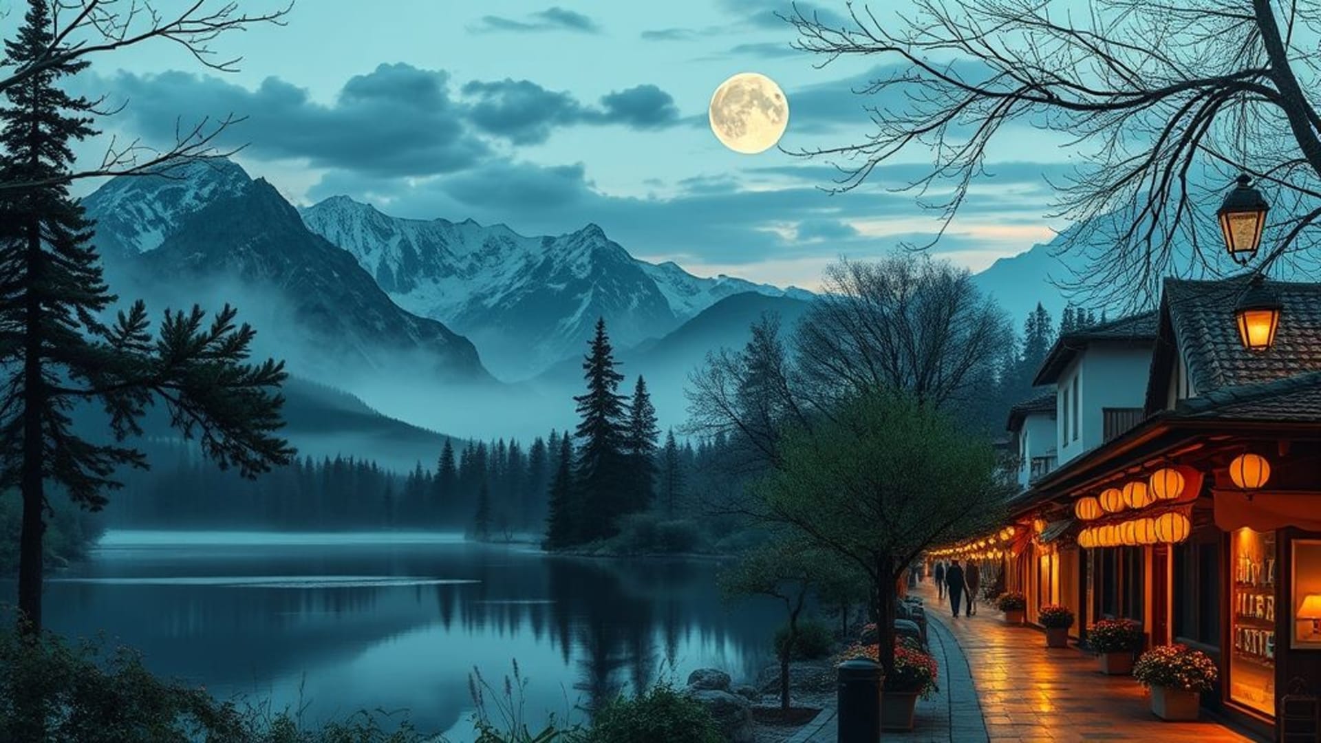 scènes de nature sereine avec lac miroir et montagnes en arrière-plan, scènes urbaines nocturnes avec lampadaires et rues animées, motifs floraux élégants pour un design classique