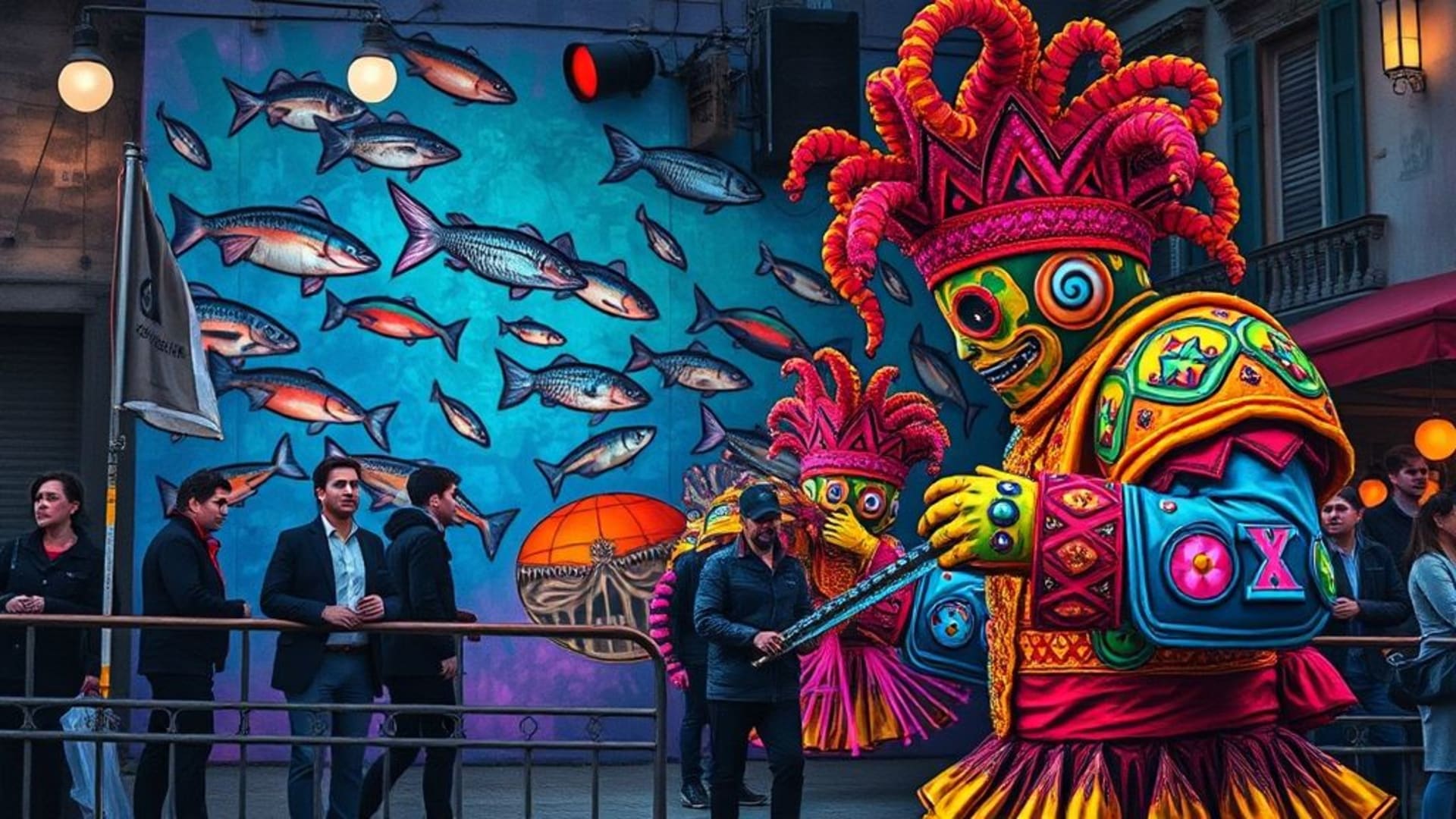 fresques urbaines colorées ou graffitis artistiques, paysages sous-marins avec coraux et poissons, scènes de fête ou carnaval avec costumes éclatants