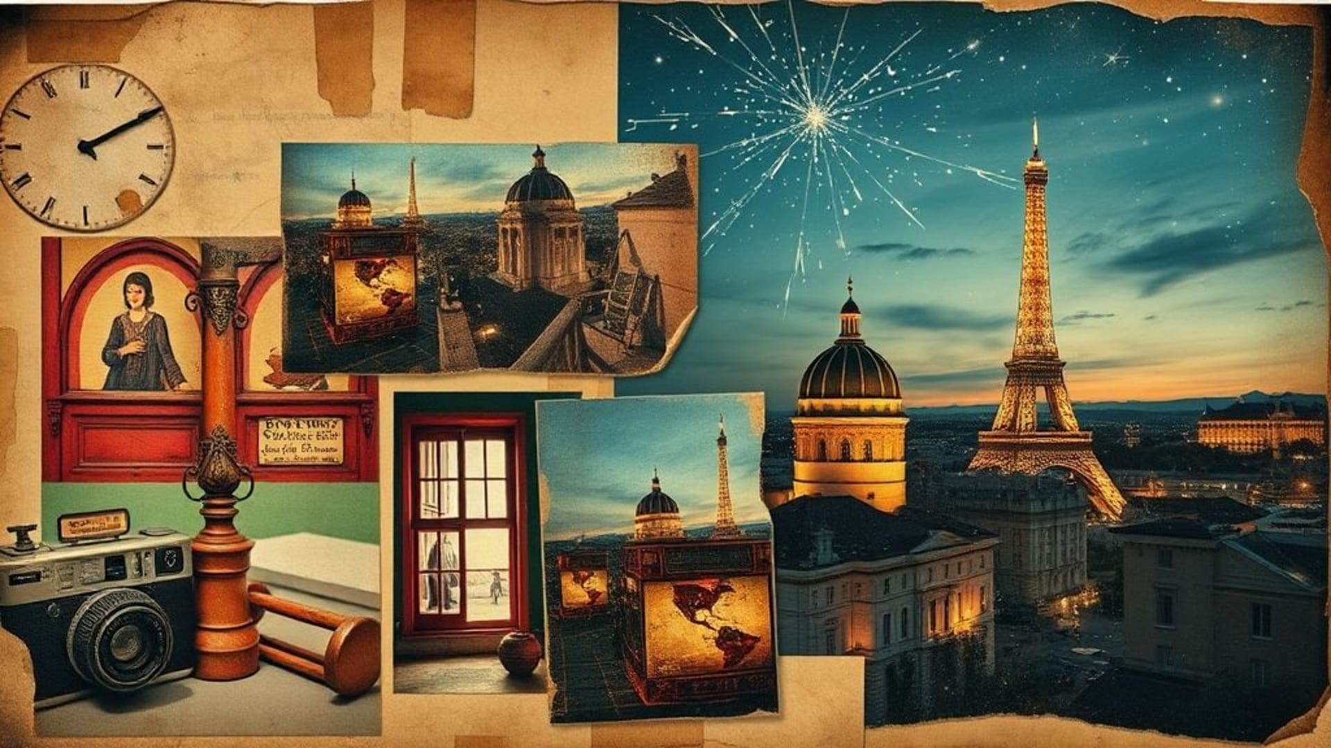 collages vintage avec objets rétro et textures usées, ambiances de nuit étoilée ou aurore boréale, photos de voyage avec monuments célèbres et paysages emblématiques