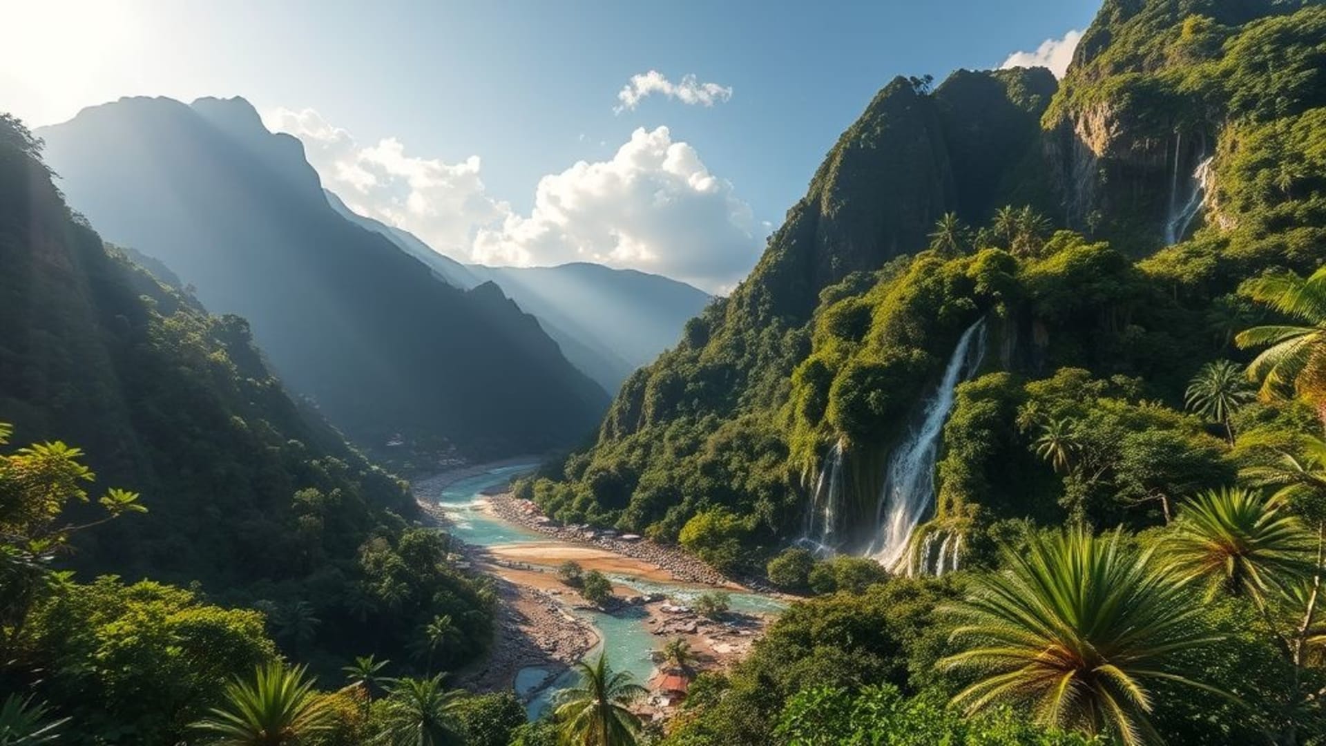 montagnes enneigées au lever du soleil, forêt tropicale luxuriante avec cascades, plages de sable blanc et eaux turquoise