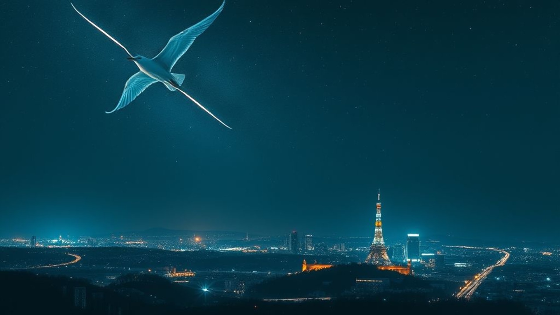 ciel nocturne étoilé avec voie lactée visible, ville futuriste avec lumières néon vibrantes