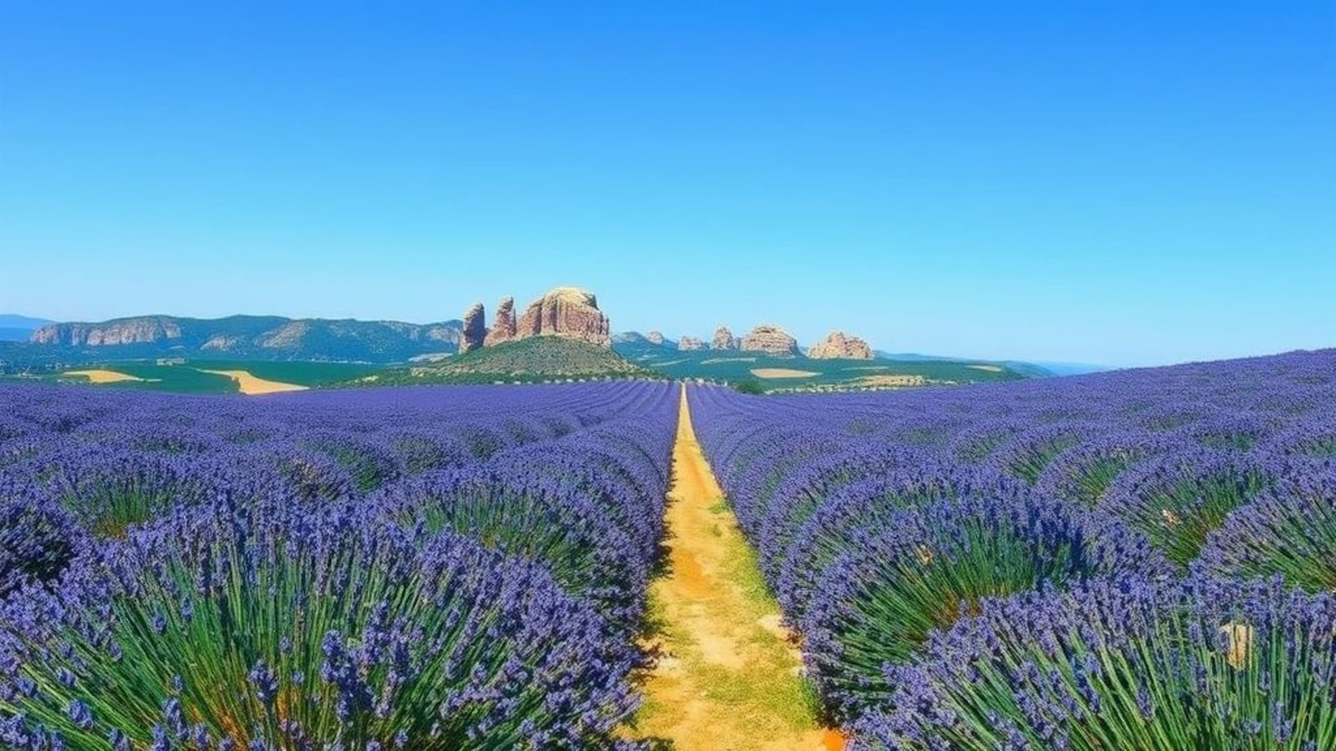 champs de lavande en Provence sous ciel bleu clair, art abstrait coloré et dynamique, paysages désertiques avec formations rocheuses uniques