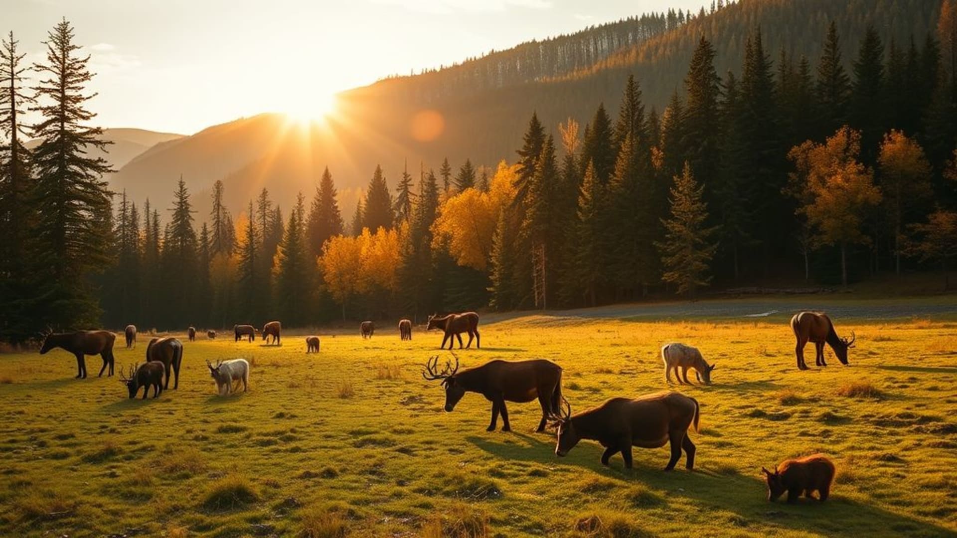 coucher de soleil sur une prairie sauvage, animaux sauvages en liberté dans leur habitat naturel, paysages de montagnes avec lacs cristallins, forêts d'automne aux couleurs chaudes