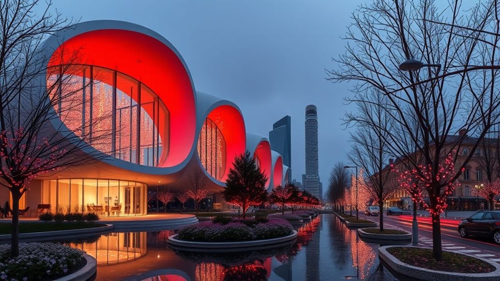architecture moderne futuriste avec bâtiments innovants, champs de pavot rouge en fleurs, scènes urbaines de nuit avec reflets dans la pluie