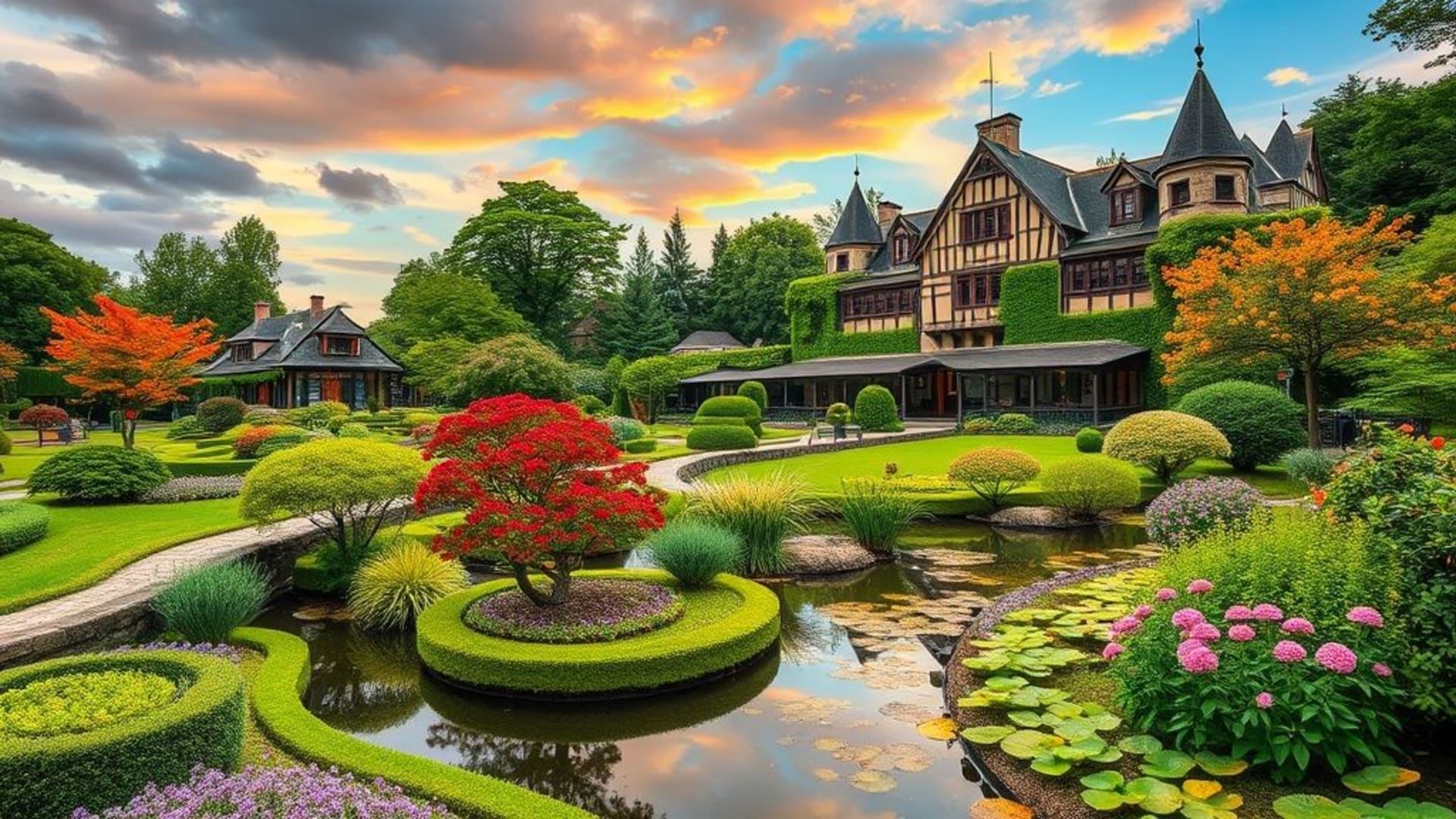 jardins zen japonais avec ponts en bois, vieux châteaux européen sous un ciel nuageux, ciels de crépuscule orange et rose sur un port de pêche