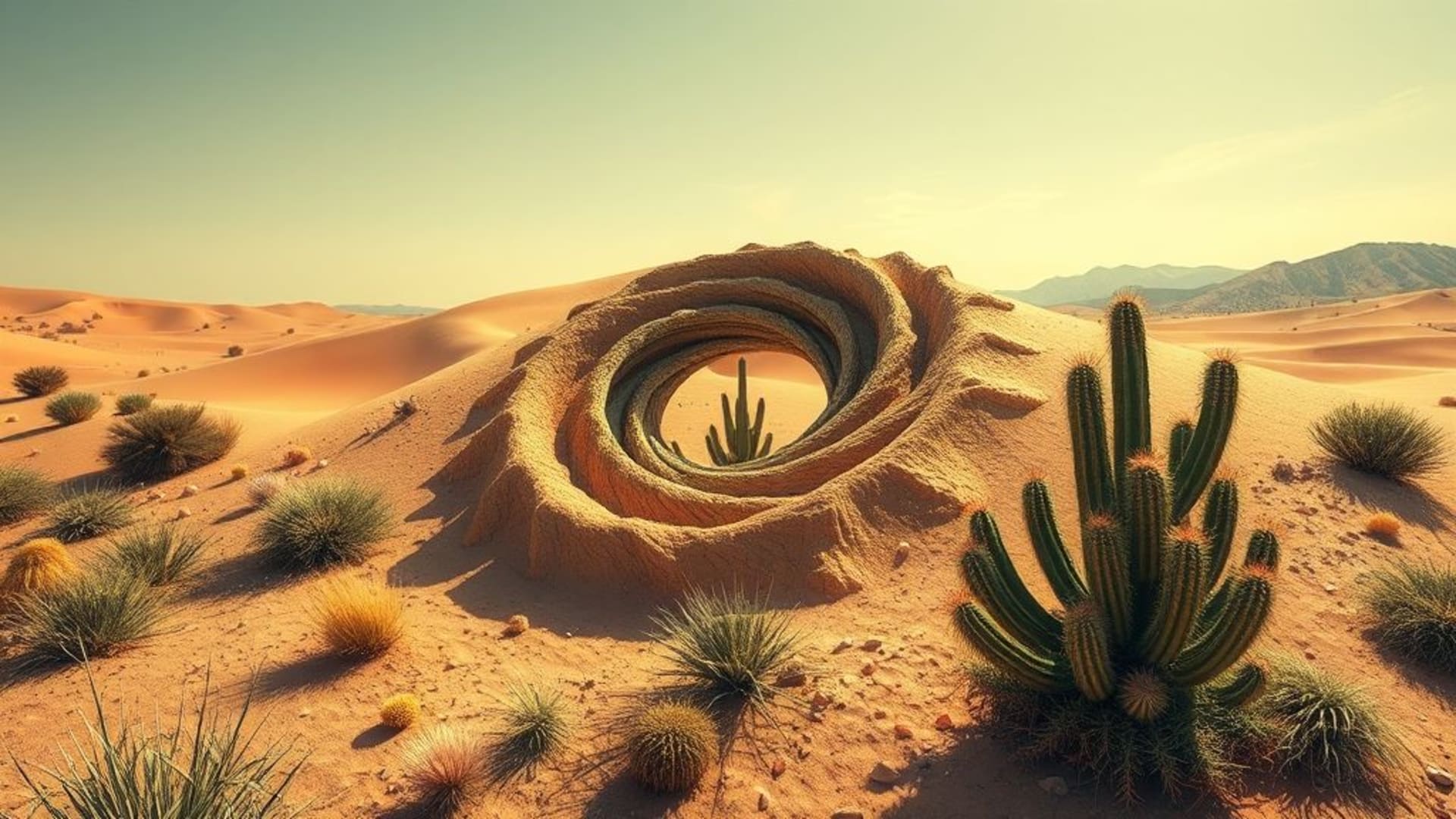 spirales fractales et formes géométriques hypnotisantes, plantes grasses et cactus dans un désert aride, scènes surréalistes avec éléments flottants et couleurs vives