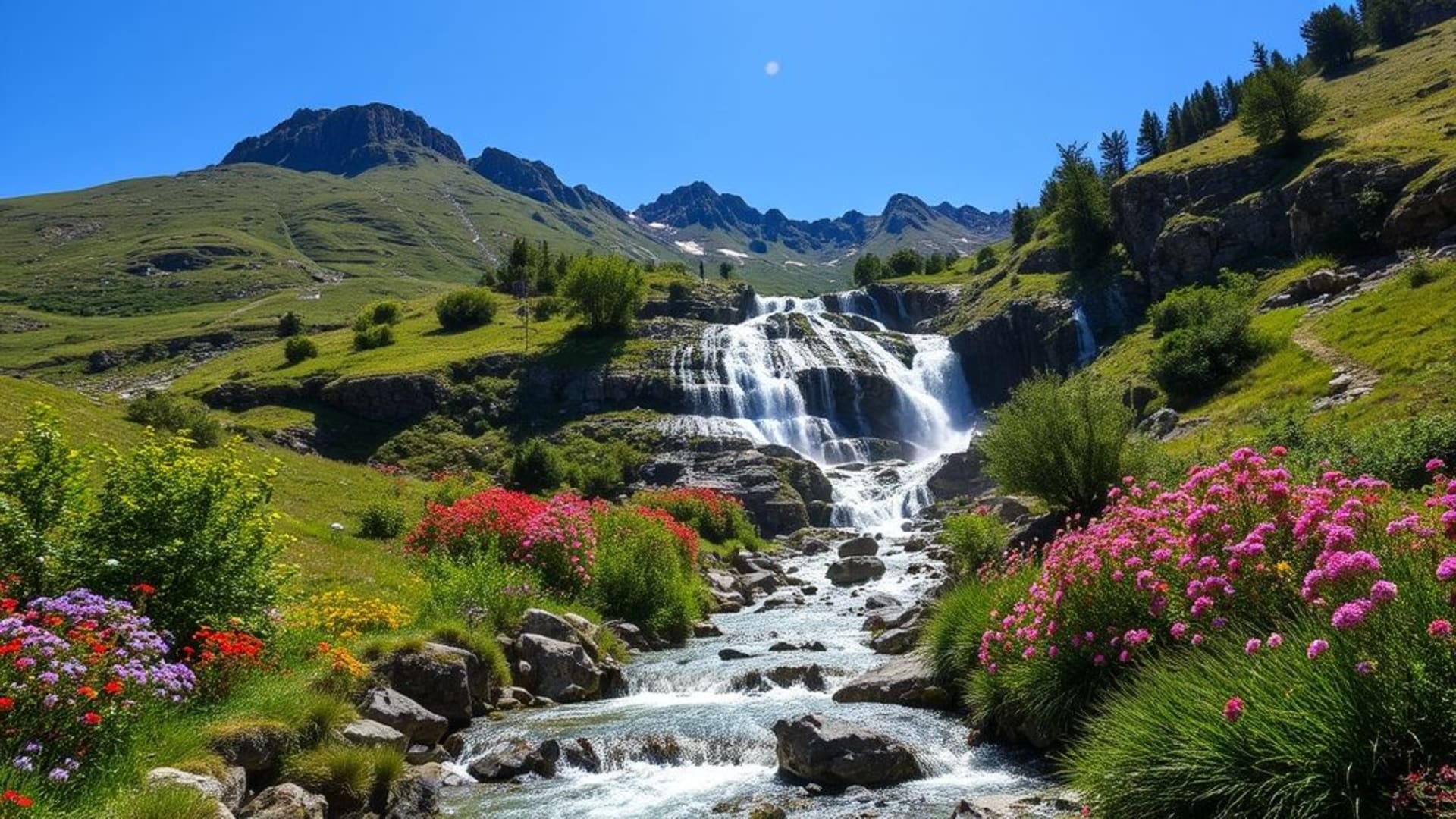 champs de tournesols en pleine floraison sous un ciel bleu, cascades glaciales dans des montagnes alpines, ruines antiques recouvertes de végétation sauvage