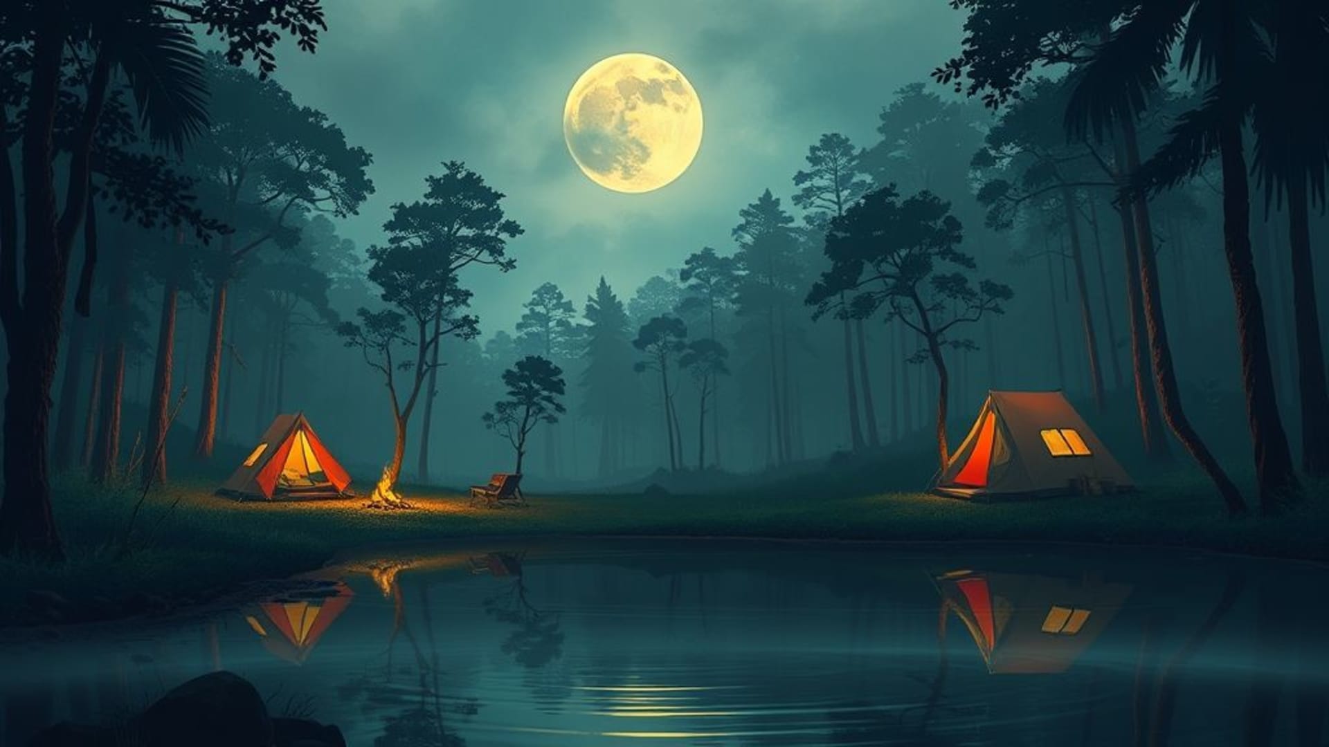scènes de camping en pleine nature au bord d’un lac, motifs art tribal africain avec couleurs vives, atmosphère de forêt mystérieuse avec brume matinale