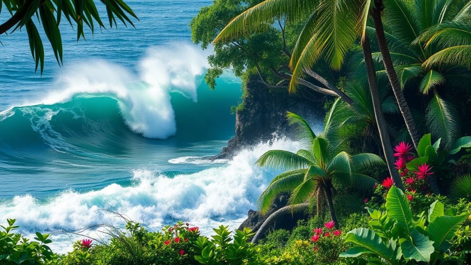 vagues de l’océan Pacifique frappant des falaises escarpées, champs de cerisiers en fleurs au printemps, paysages de jungle dense avec animaux exotiques