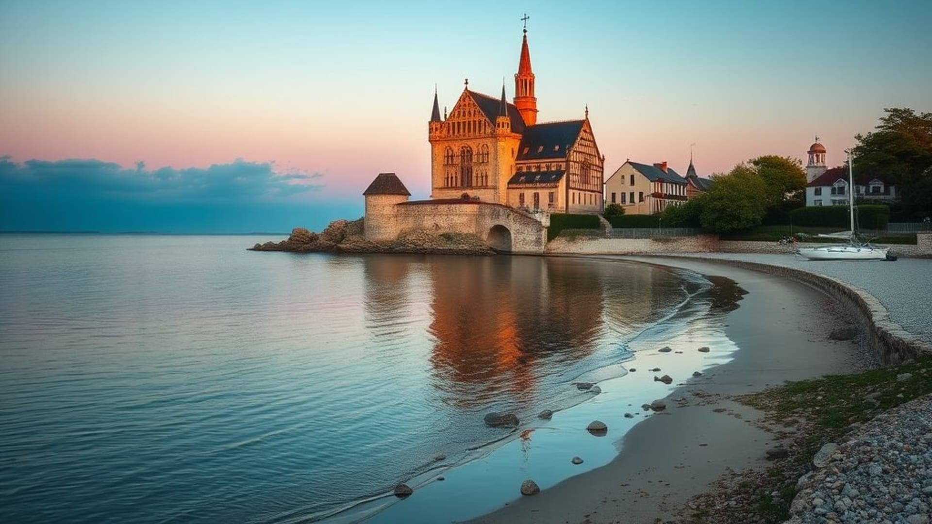 roseaux et nénuphars dans un étang calme au matin, architecture gothique avec vitraux colorés, galets lissés par la mer sur une plage isolée
