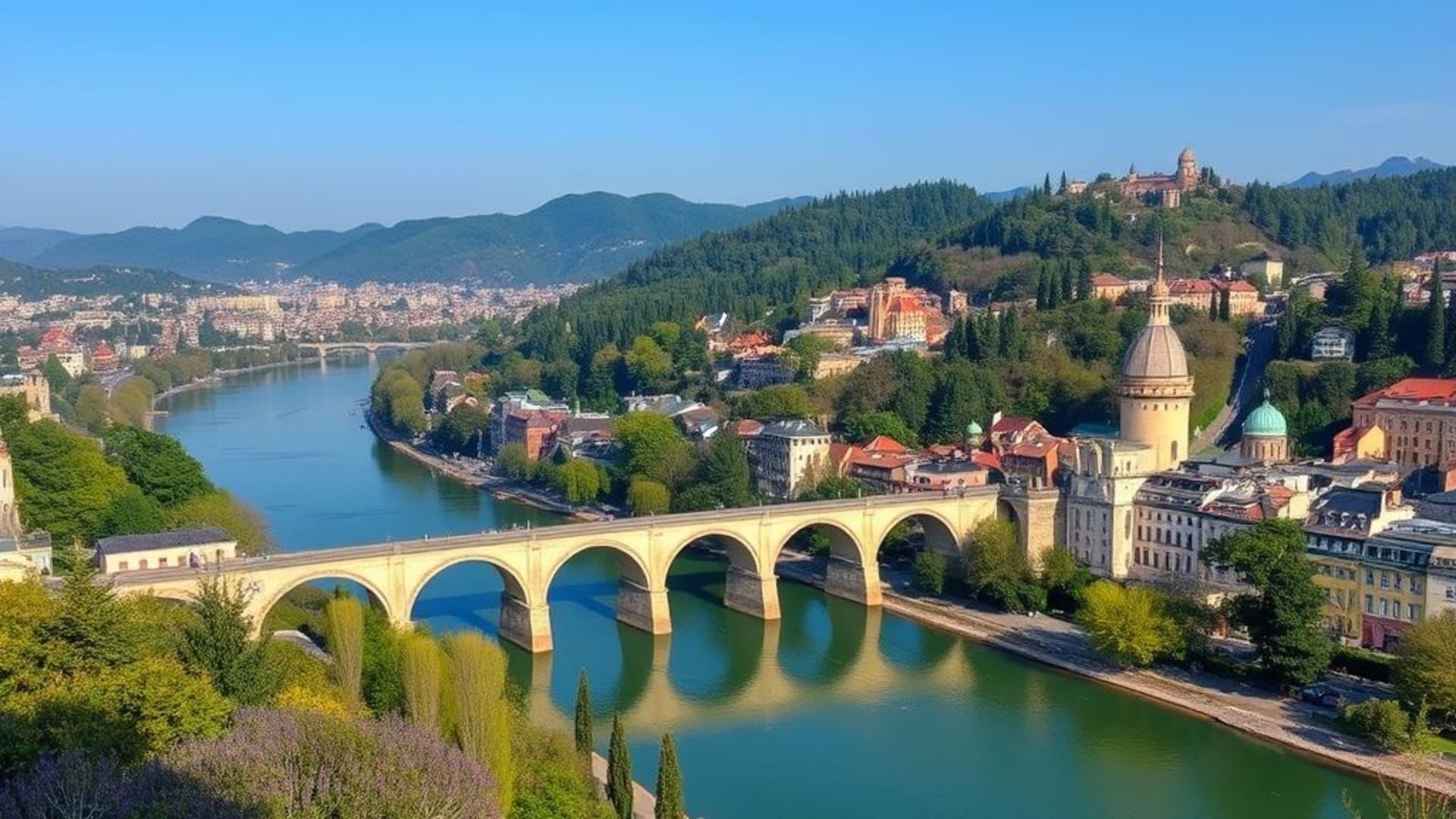 ponts historiques traversant des rivières sinueuses, scènes de rue bondées dans une métropole asiatique, montagnes escarpées avec pentes en forêt de conifères.