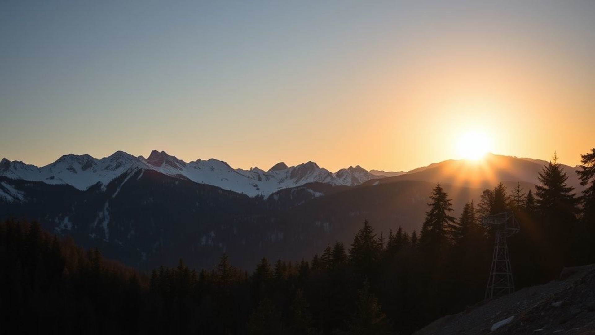 Montagnes enneigées au lever du soleil avec ciel coloré lumineux et arbres silhouettés