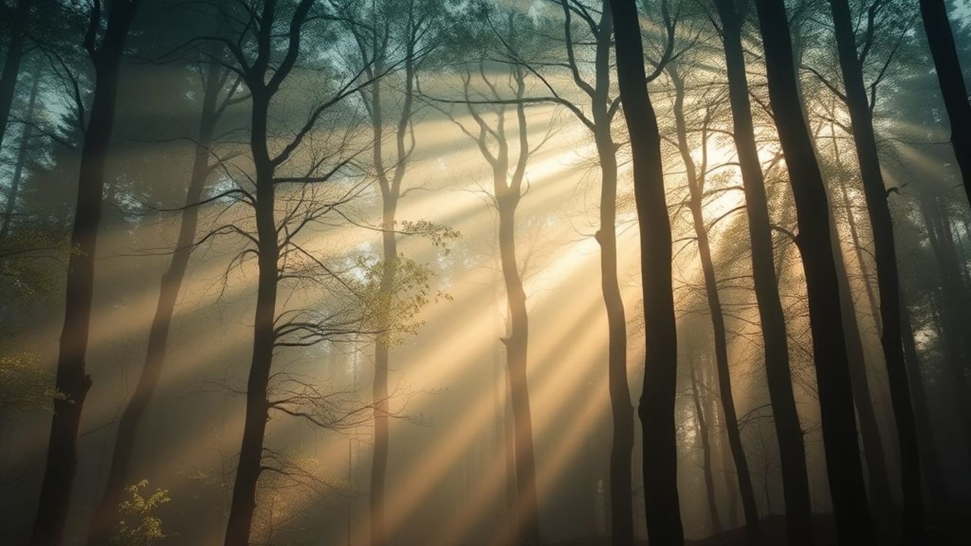 Forêts mystérieuses brumeuses avec rayons de lumière filtrant à travers les arbres