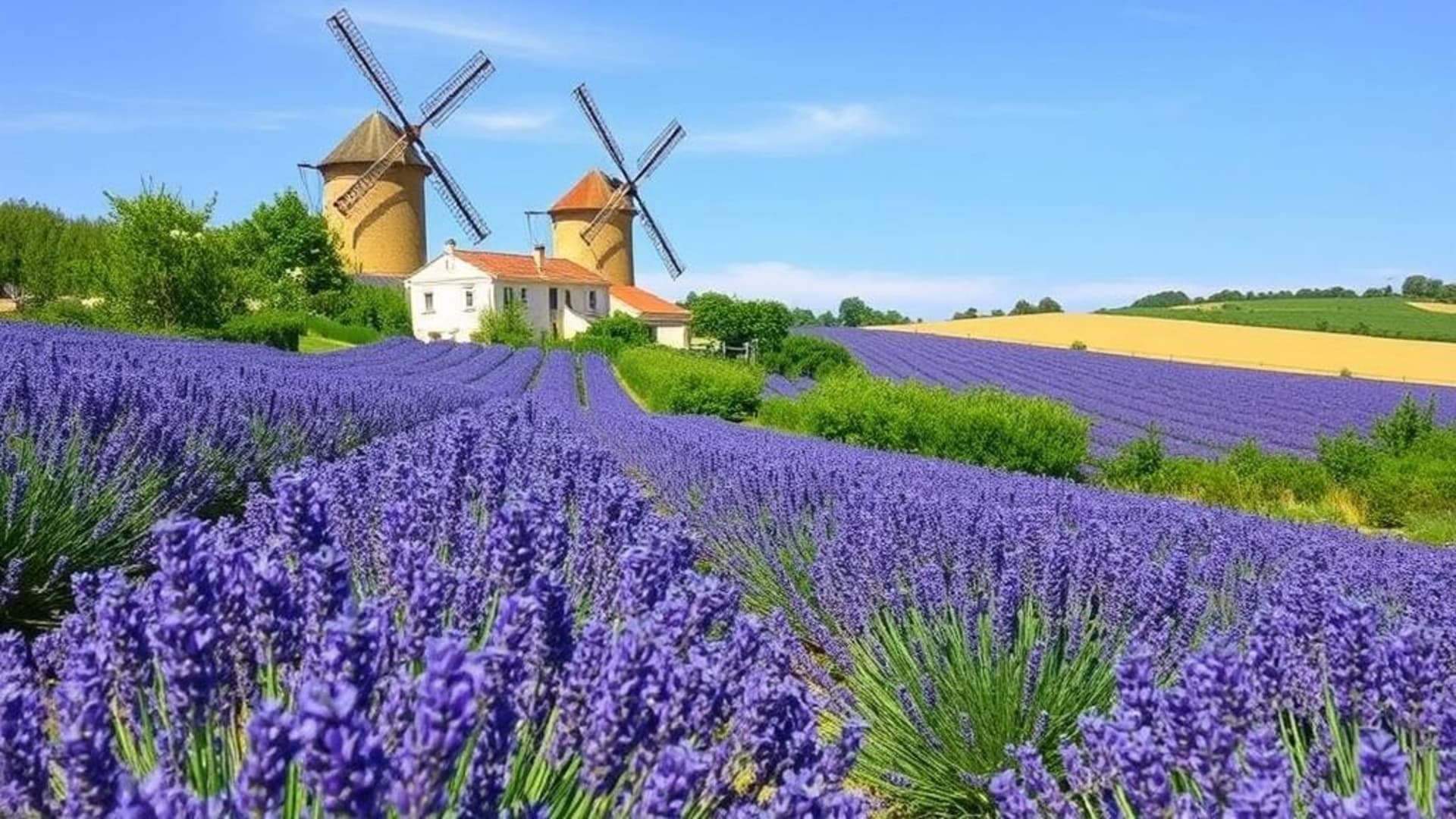 Champs de lavande en Provence sous un ciel bleu clair avec moulins à vent