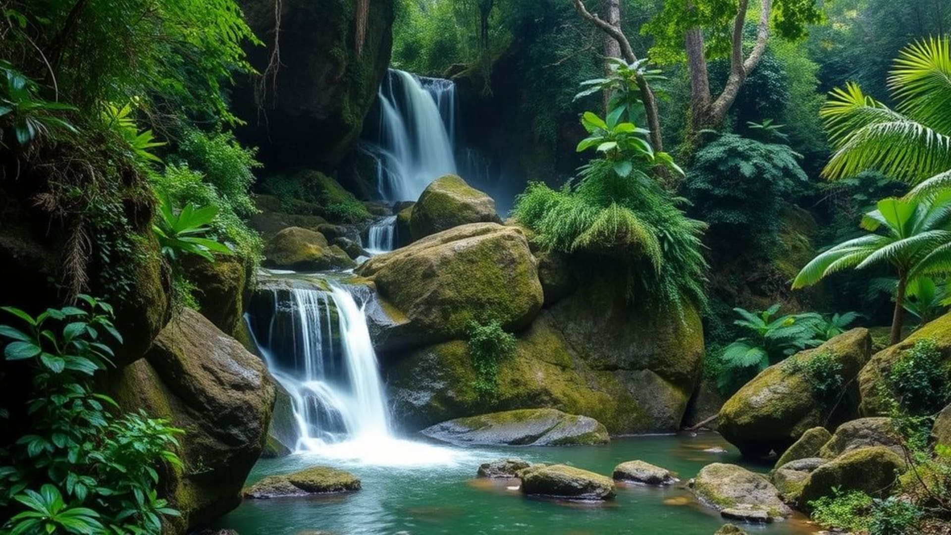 Cascades dans la jungle dense avec roches lisse et végétation luxuriante
