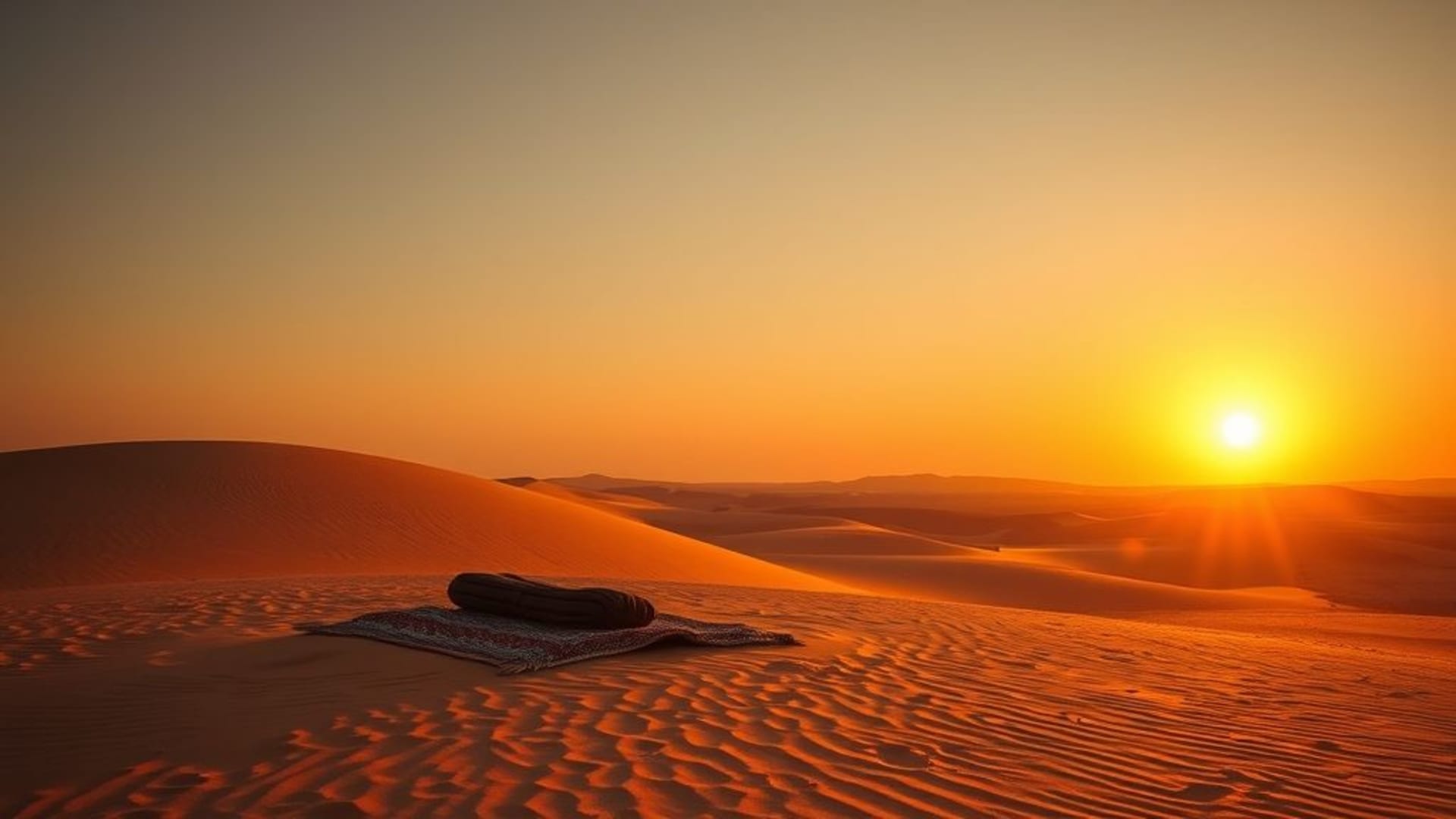 Couchers de soleil sur désert doré avec dunes ondulantes et ciel orange