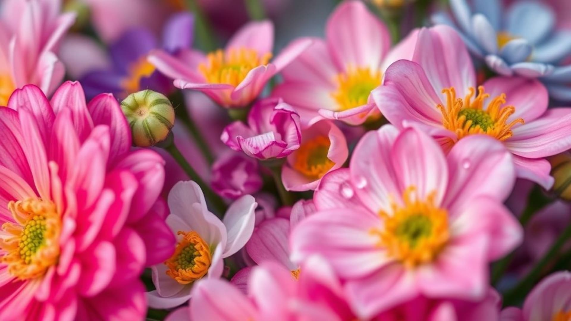 Macro fleurs colorées avec gouttelettes de rosée en premier plan