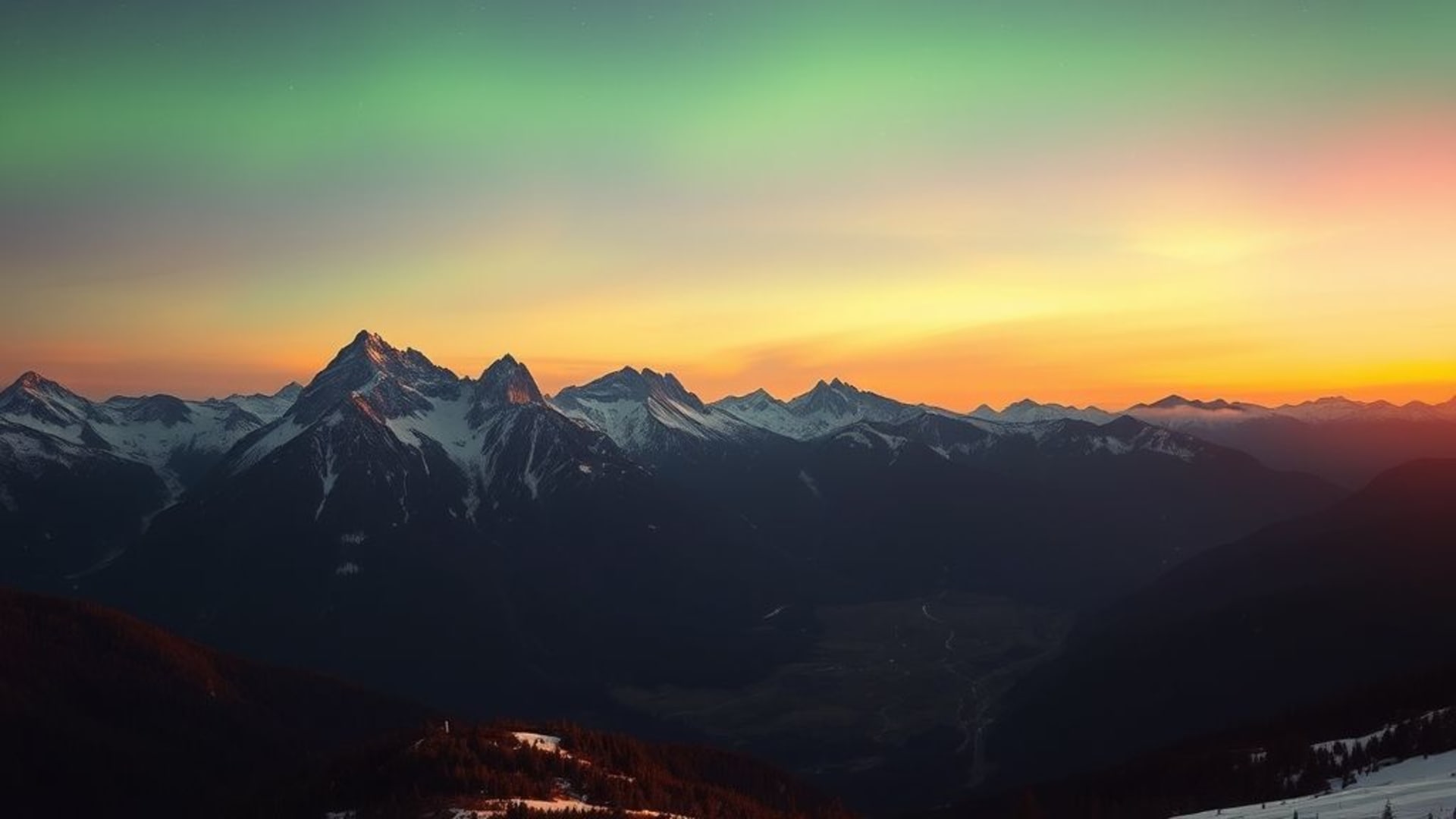 Aurore boréale vibrant au-dessus de paysages glacés et montagnes