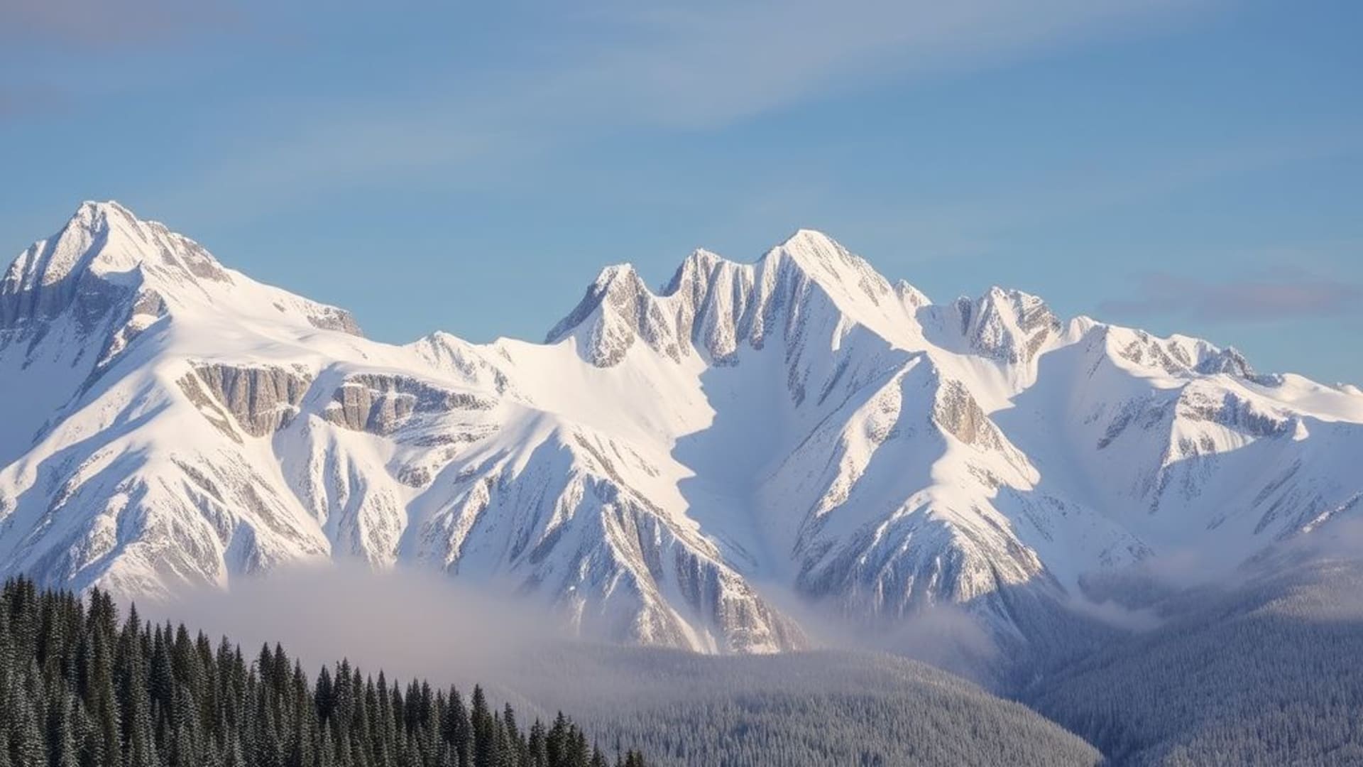 Chaînes de montagnes escarpées avec nuages bas et sommets enneigés
